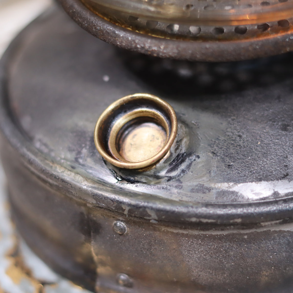 Close-up of metal fuel cap on Rare Antique Hurricane Lantern – Stübgen & Co, DR Patent 2833 (Circa 1907–1909) oil lamp