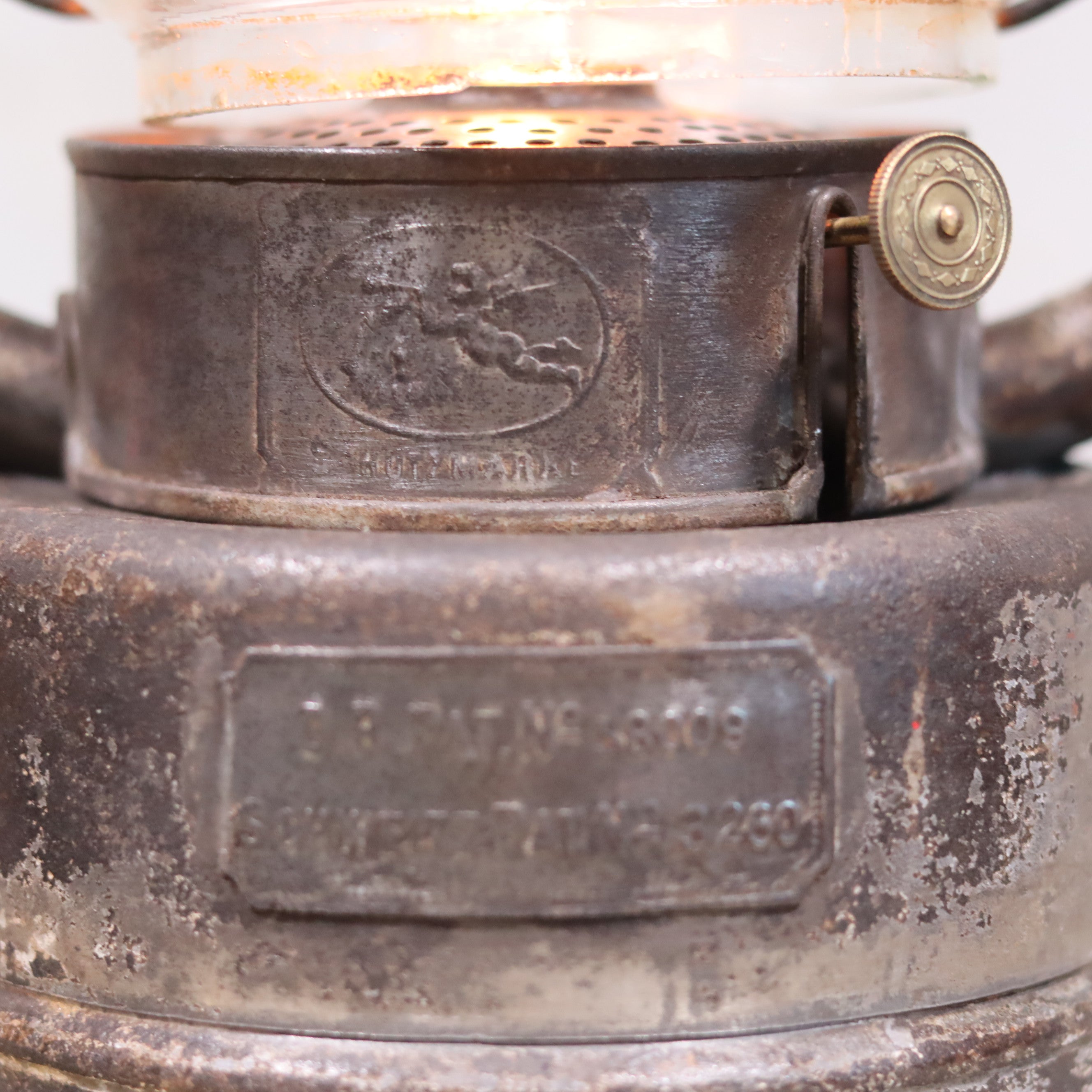 Extremely Rare Antique Hurricane Lantern – Hermann Buchholtz with Angel Motif & Schutz Marke Glass (c.1900–1920)