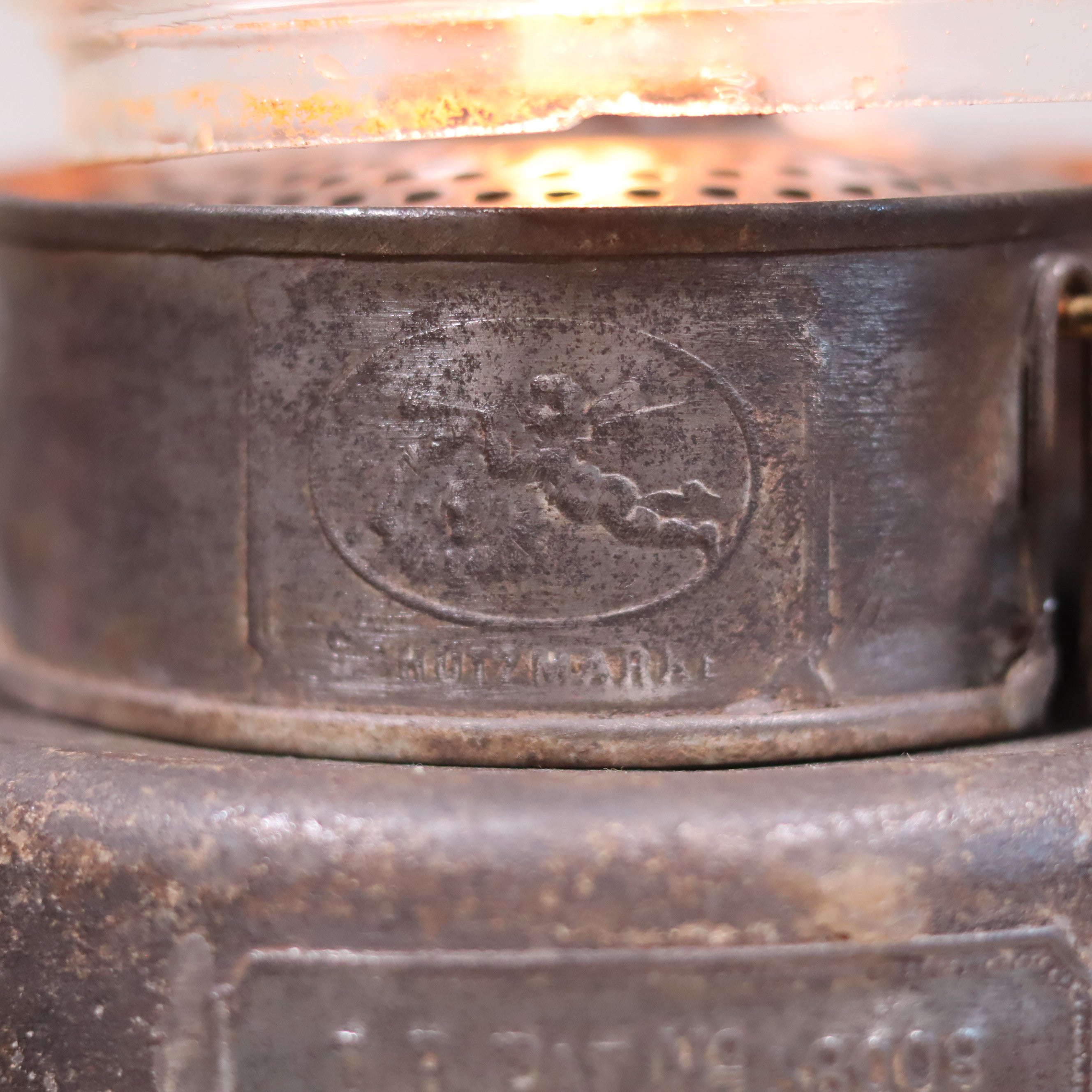 Extremely Rare Antique Hurricane Lantern – Hermann Buchholtz with Angel Motif & Schutz Marke Glass (c.1900–1920)