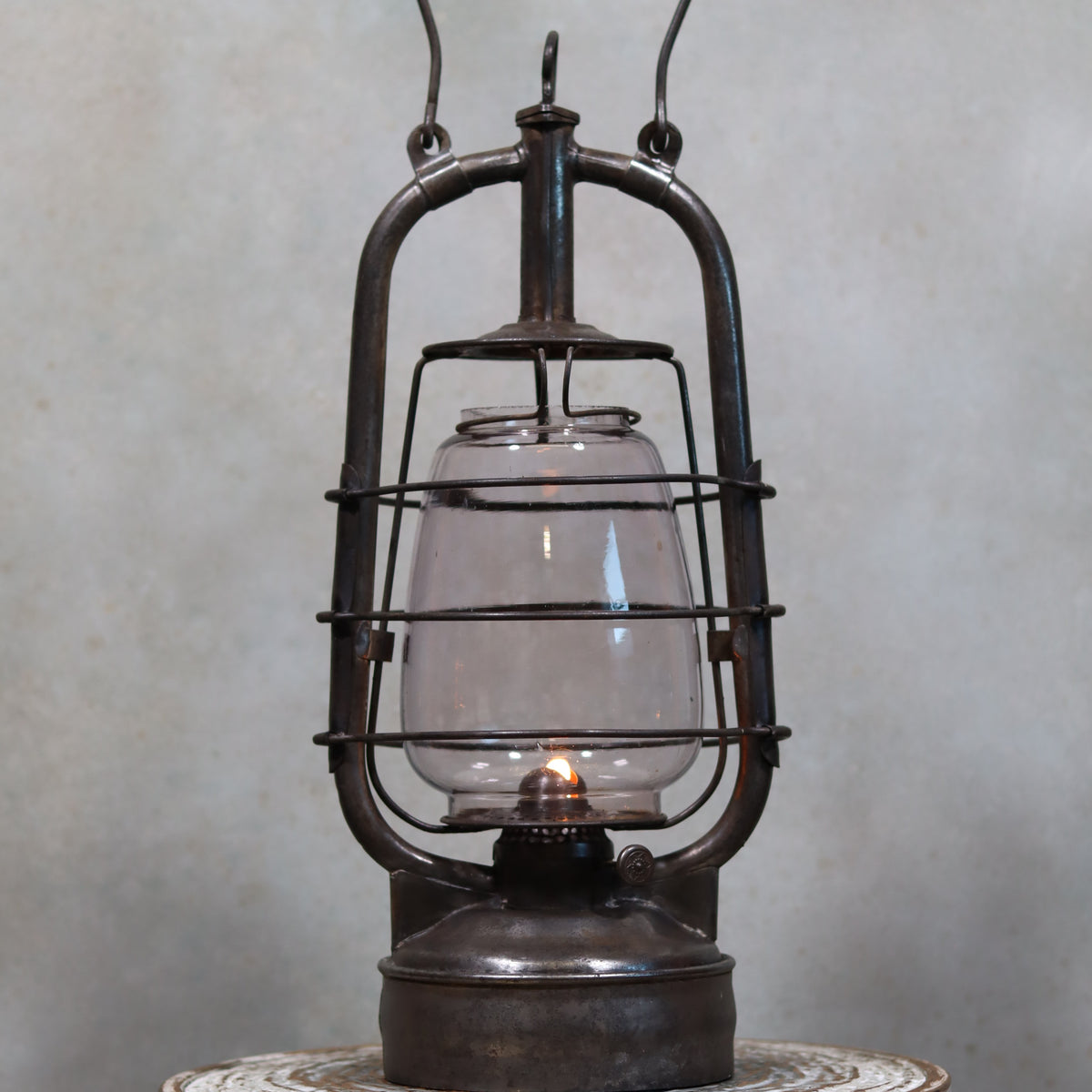 Rare French Hurricane Lantern – “La Lumineuse” by SIF (1920s–1930s) vintage oil lamp with glass chimney and metal frame.
