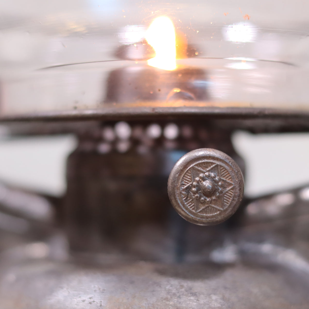 Close-up of lit oil lamp detail on Rare French Hurricane Lantern – “La Lumineuse” by SIF (1920s–1930s) collectible piece