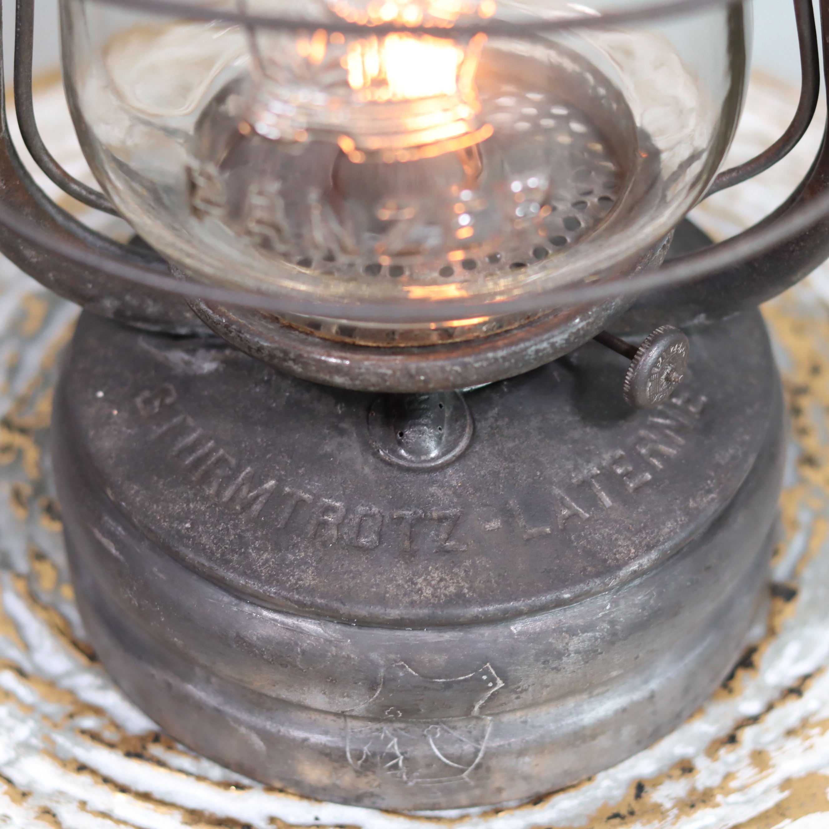 Rare Vintage German Hurricane Lantern – K&T Original Panzer “Sturmtrotz” oil lamp close-up by Kästner & Töbelmann Model 7530