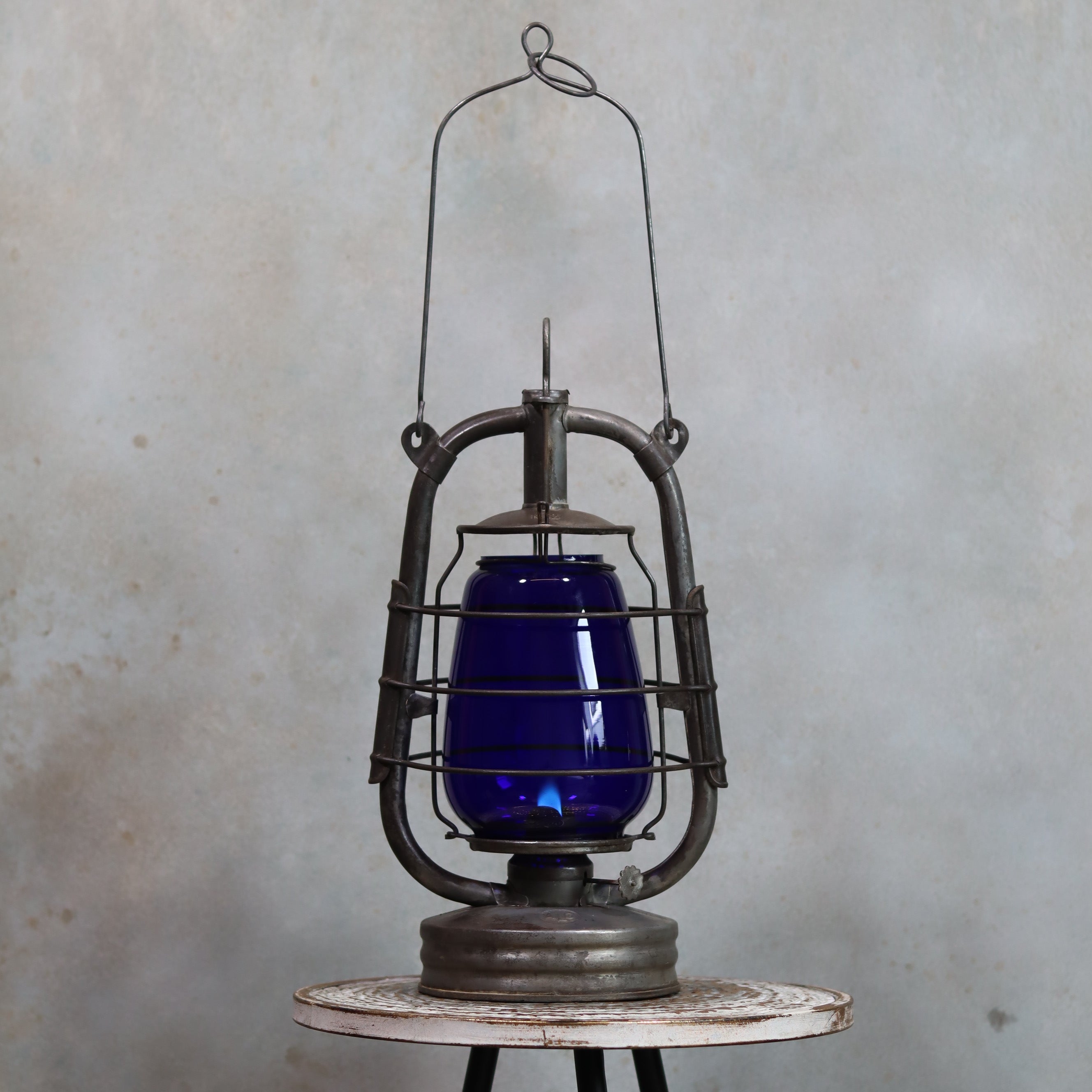 Rare Vintage ALG No. 2 French Hurricane Lantern – 1960s/70s oil lamp with blue glass and unique metal handle design