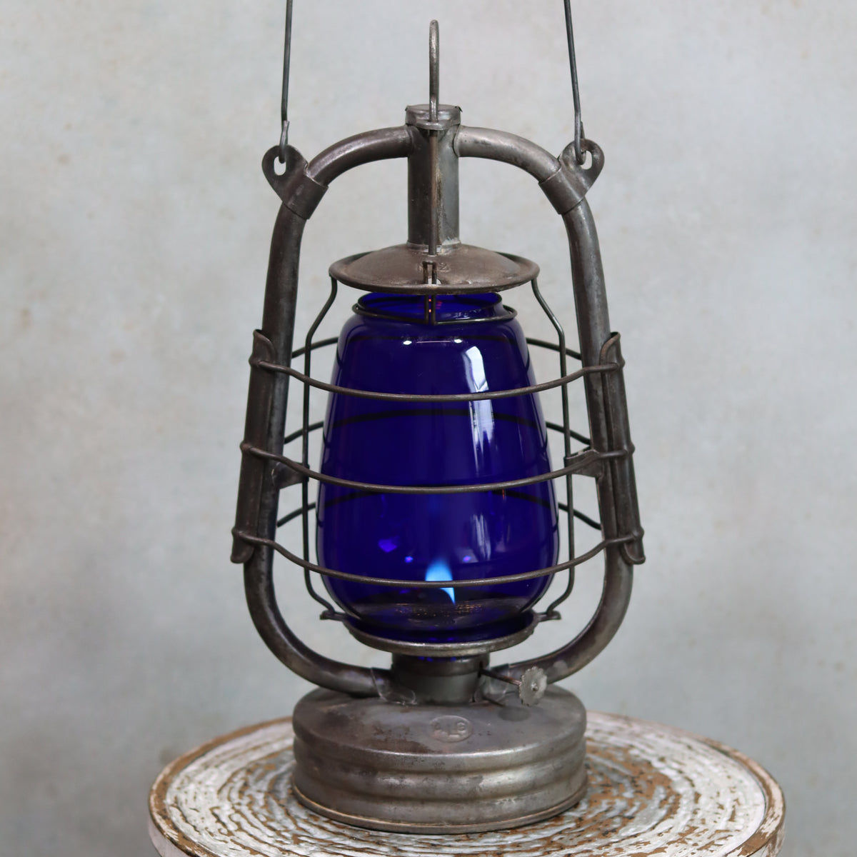 Rare Vintage ALG No. 2 French Hurricane Lantern – 1960s/70s with blue glass oil lamp and metal unique handle design