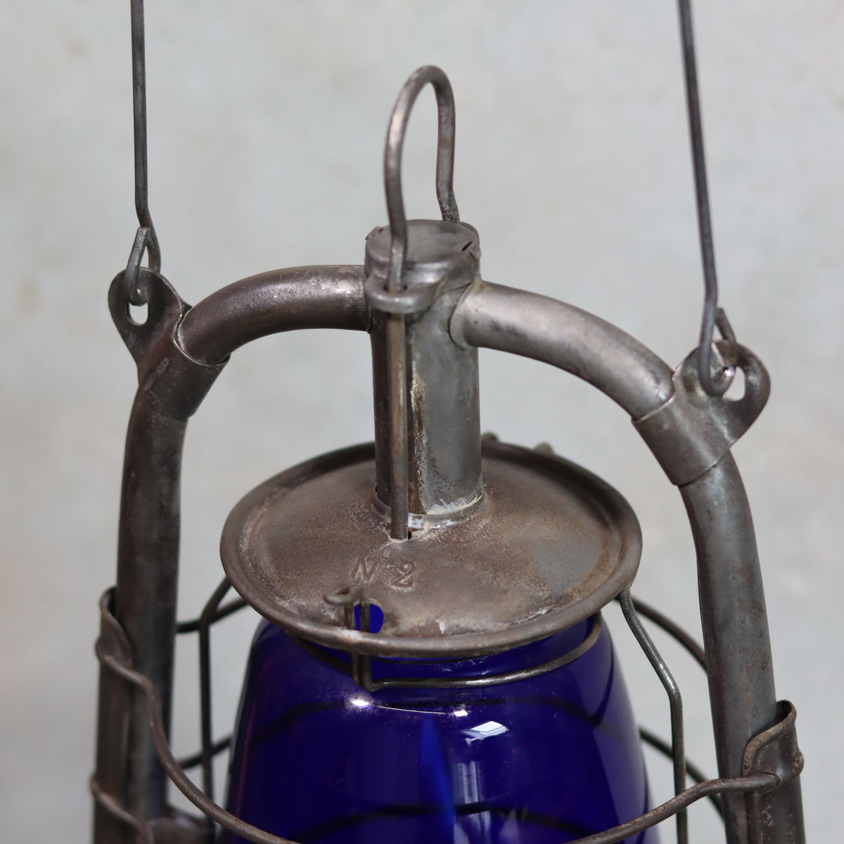 Rare Vintage ALG No. 2 French Hurricane Lantern – 1960s/70s oil lamp with blue glass and unique metal handle detail