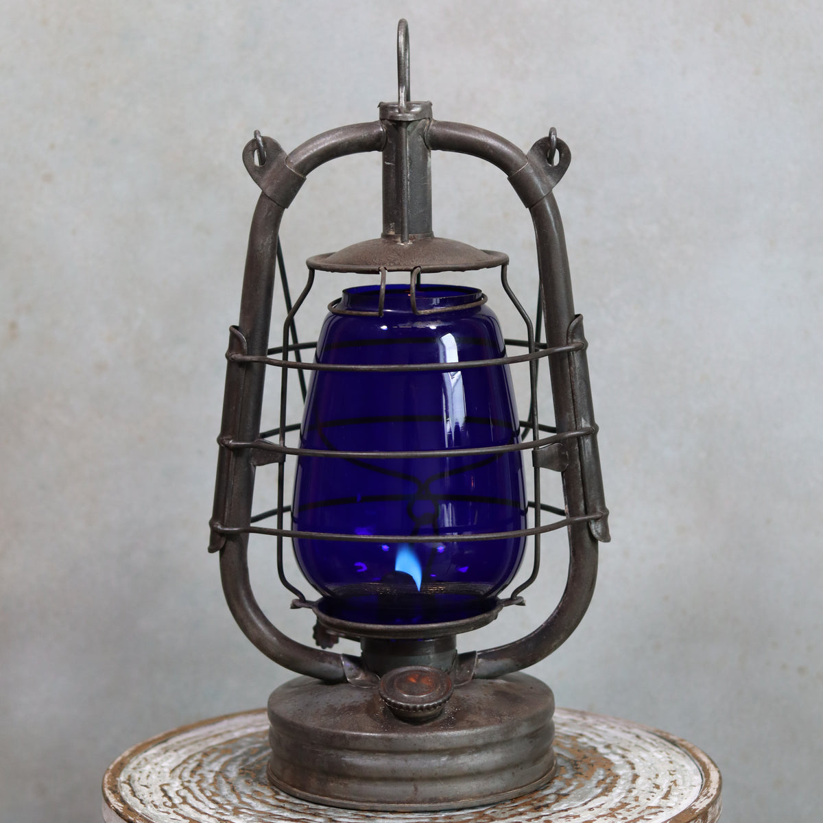 Rare Vintage ALG No. 2 French Hurricane Lantern – 1960s/70s – Blue Glass & Unique Handle oil lamp with protective metal frame