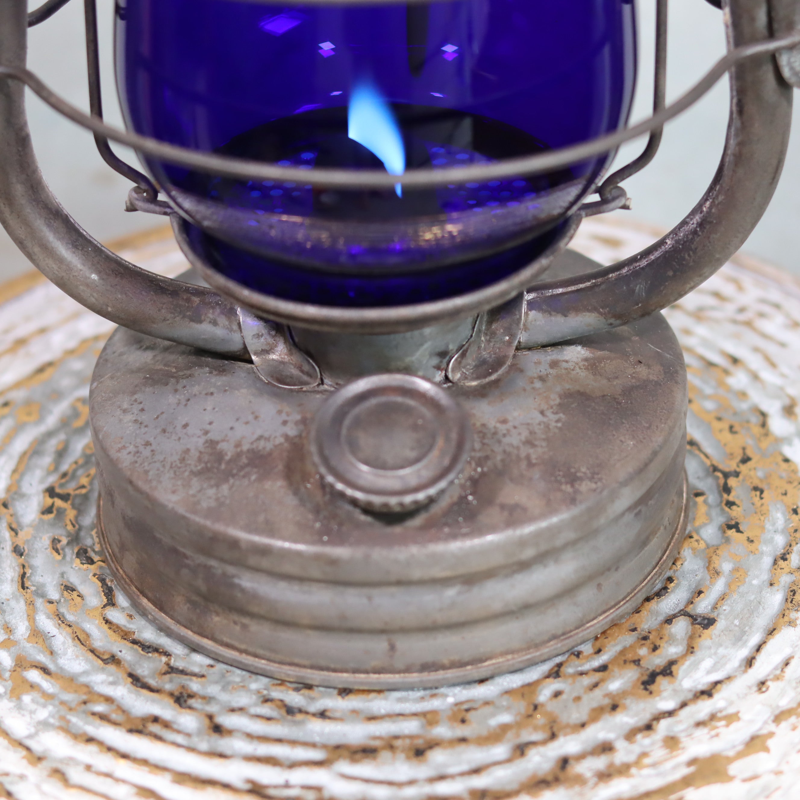 Rare Vintage ALG No. 2 French Hurricane Lantern – 1960s/70s – Blue Glass & Unique Handle showing blue flame oil lamp detail