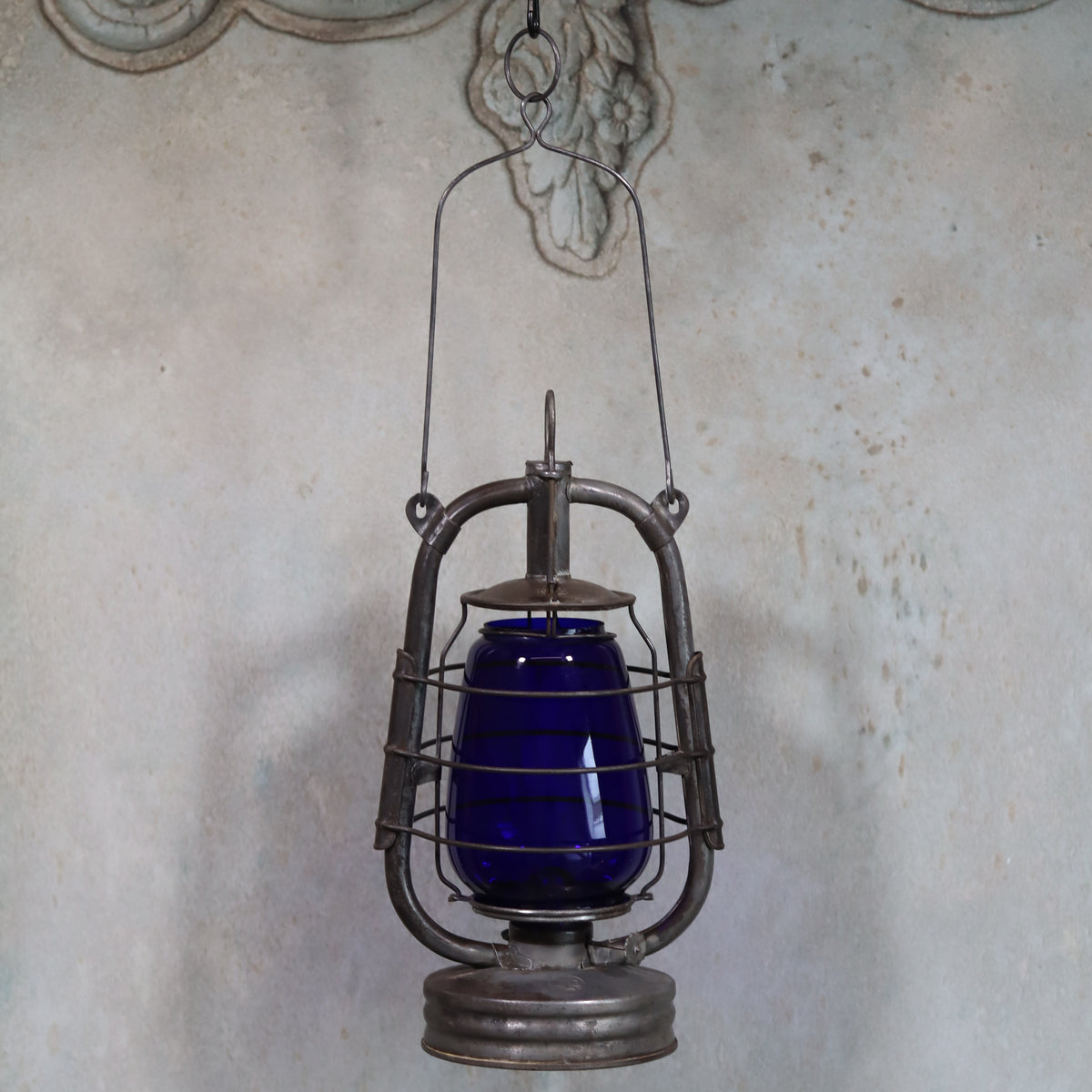 Rare Vintage ALG No. 2 French Hurricane Lantern – 1960s/70s with blue glass and unique handle oil lamp design