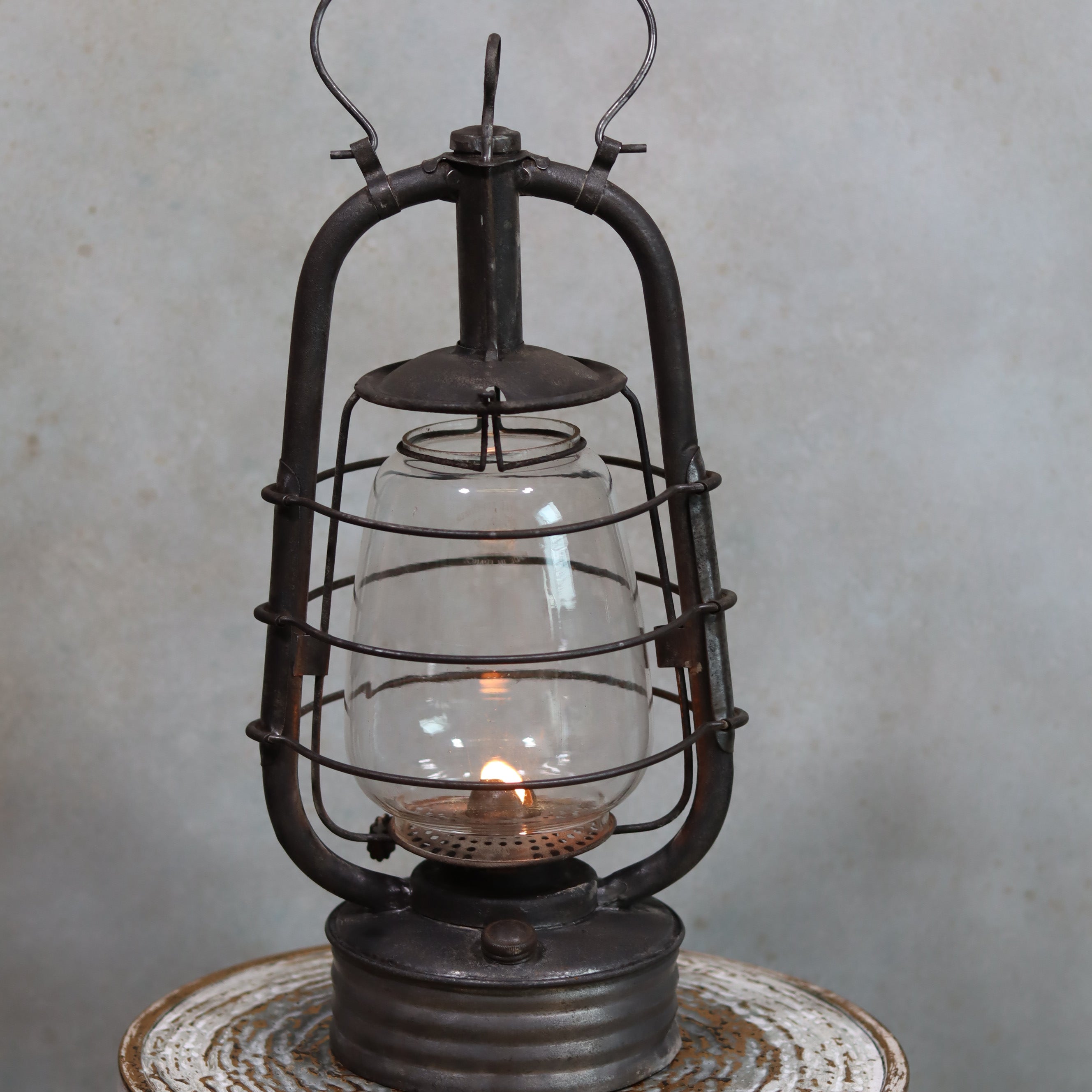 Vintage French Hurricane Lantern – SIF 500 – Cristal Supérieur Glass – 1950s–1970s oil lamp with metal frame and glowing flame