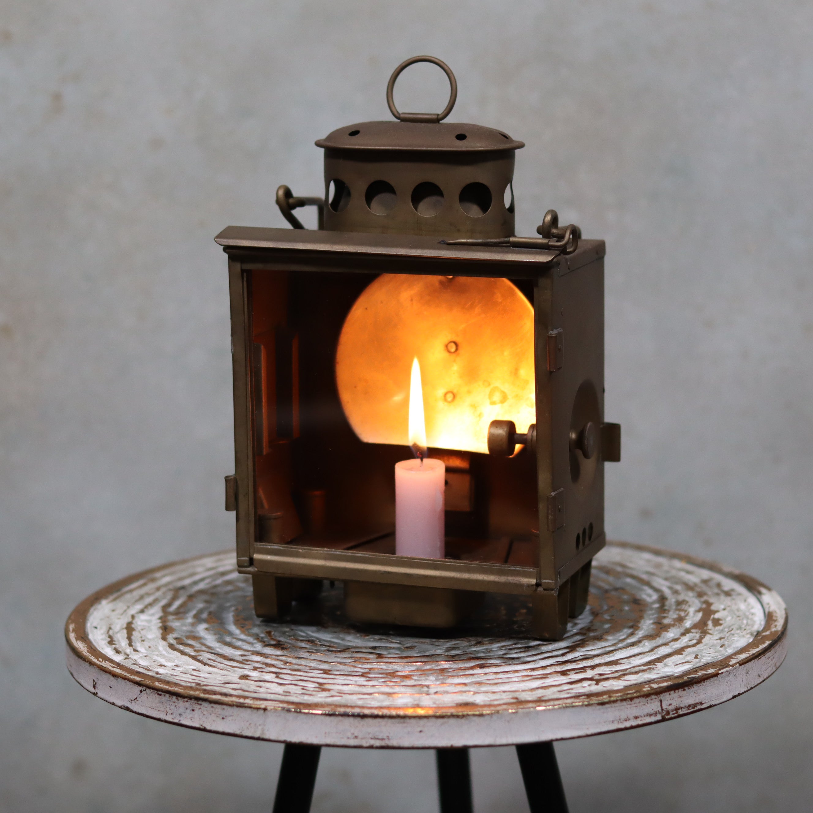 Rare Antique Trench Lamp & Candle Holder – Gebr. Bing A.G. Nürnberg (1920s–1940s) with lit candle inside brass oil lamp.