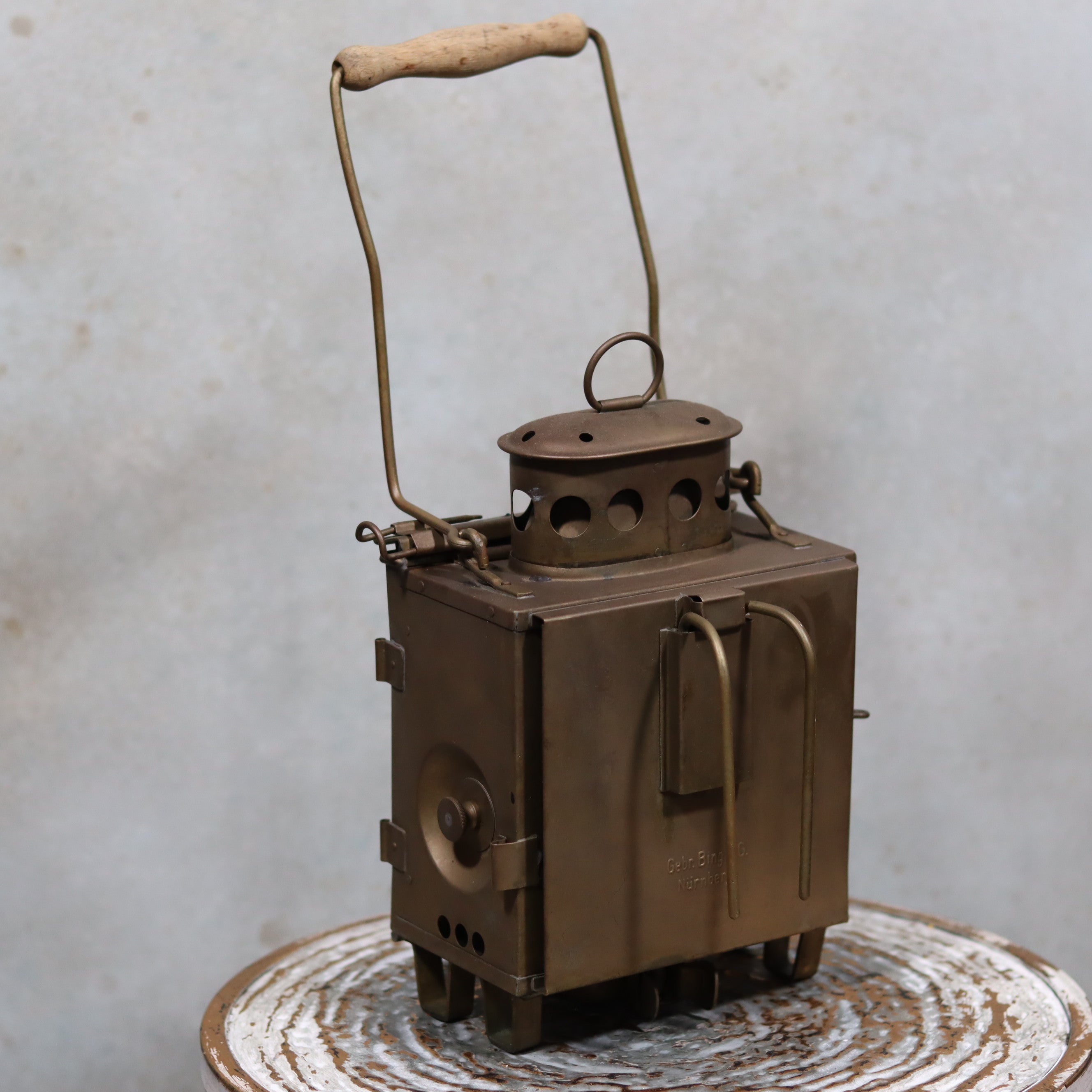 Rare Antique Trench Lamp & Candle Holder – Gebr. Bing A.G. Nürnberg (1920s–1940s) with metal frame and wooden handle oil lamp