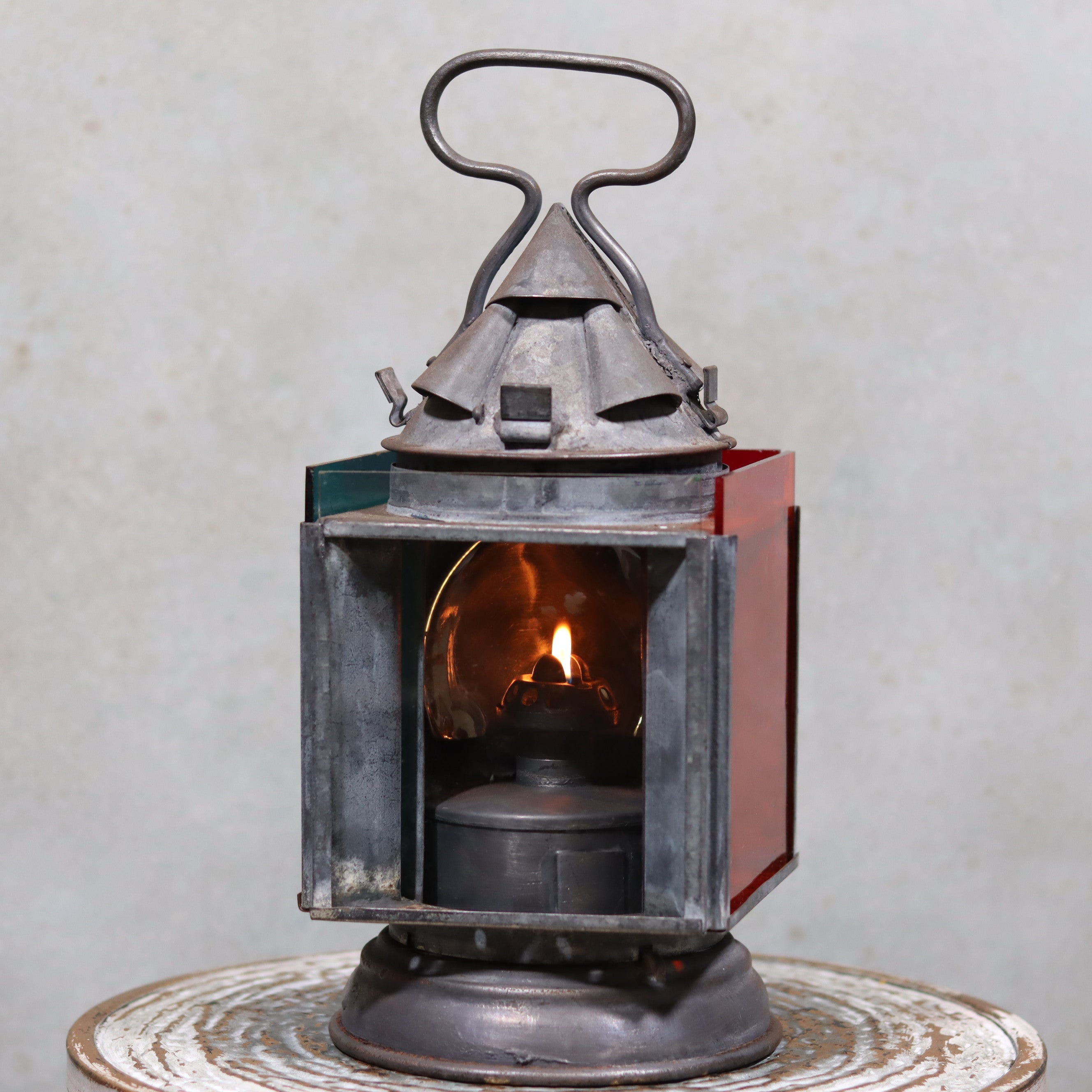 Vintage Railway Signal Lantern – Rare Collectible with 4 Colored Glass Panels featuring antique oil lamps and distinctive metal design.