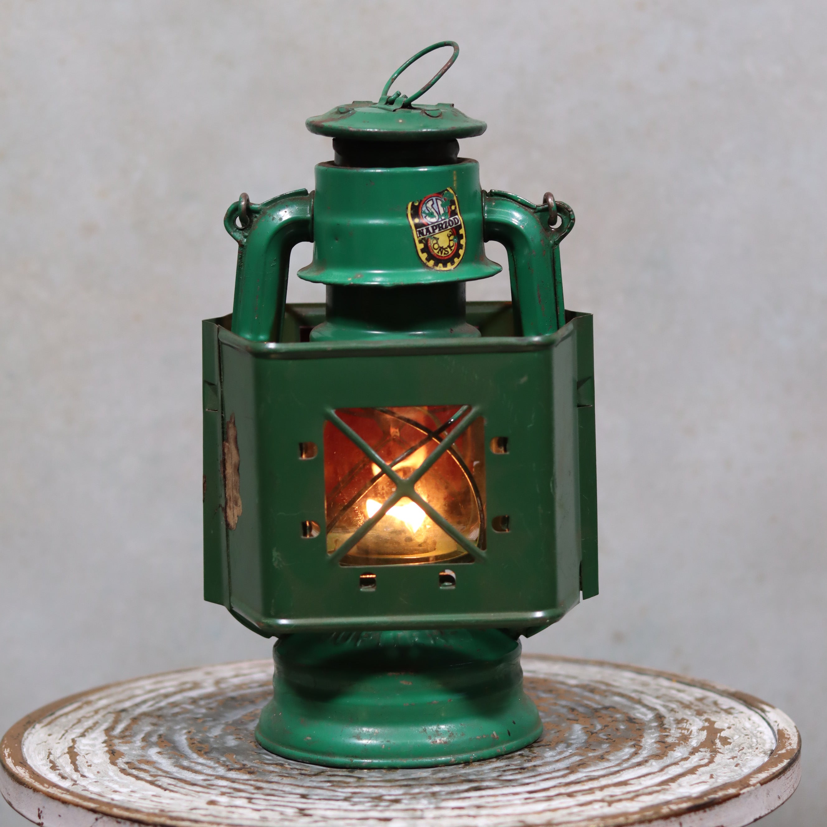 Rare Vintage Jupiter-1 Green Hurricane Lantern – With Unique Glass Holder & Original Sticker illuminated oil lamp vintage design
