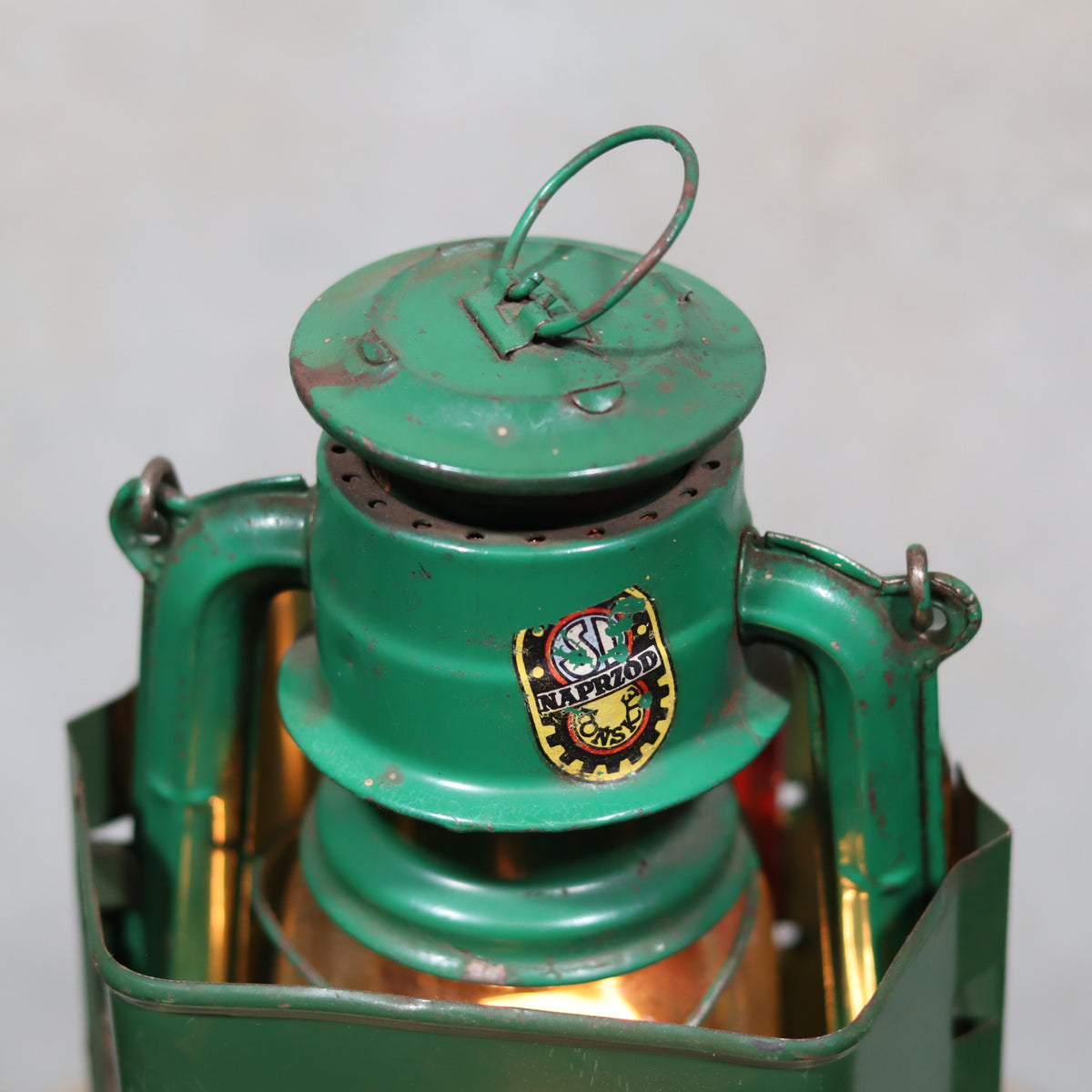 Rare Vintage Jupiter-1 Green Hurricane Lantern – With Unique Glass Holder & Original Sticker showing detailed oil lamp parts and brand emblem