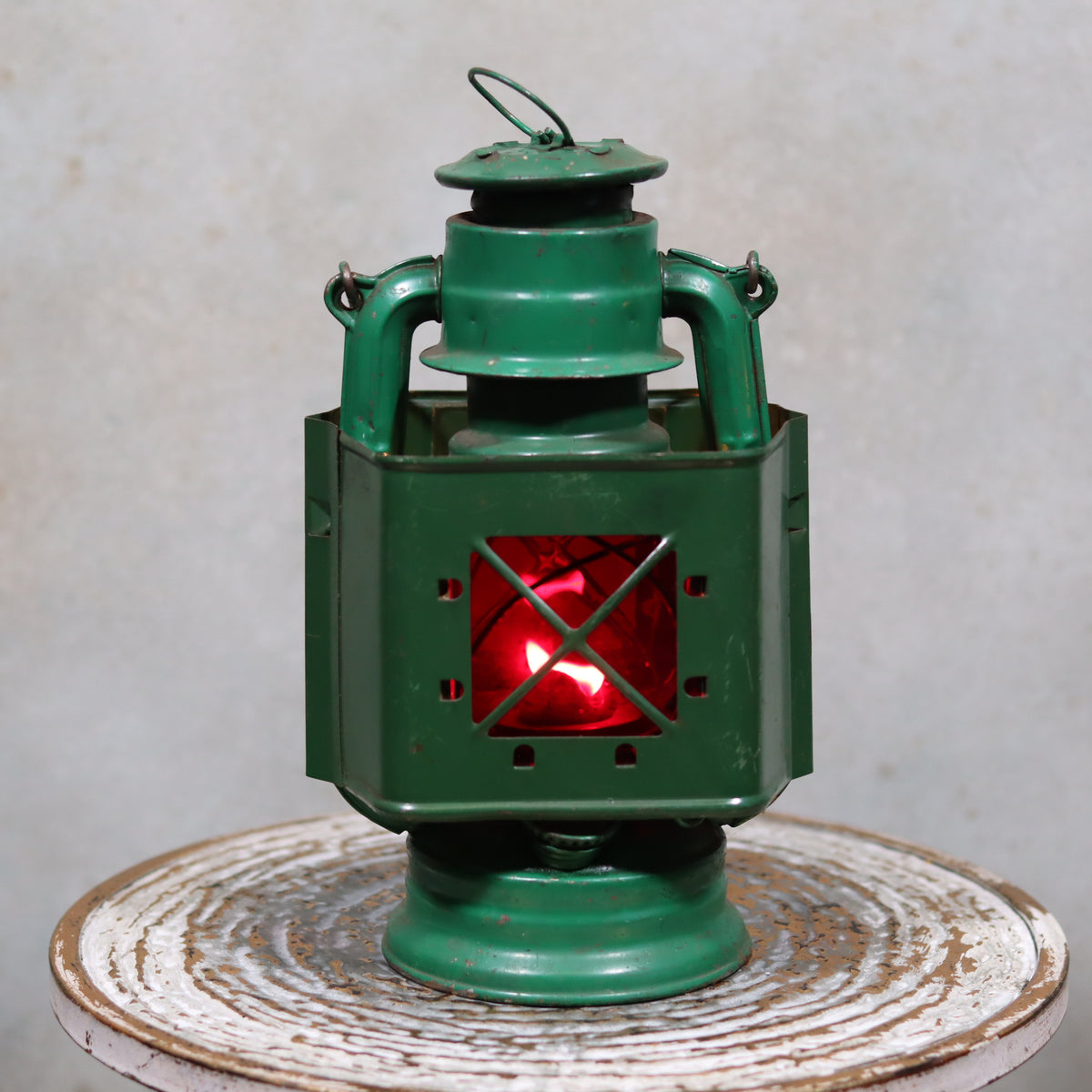 Rare Vintage Jupiter-1 Green Hurricane Lantern with Unique Glass Holder and Original Sticker, classic oil lamp design.