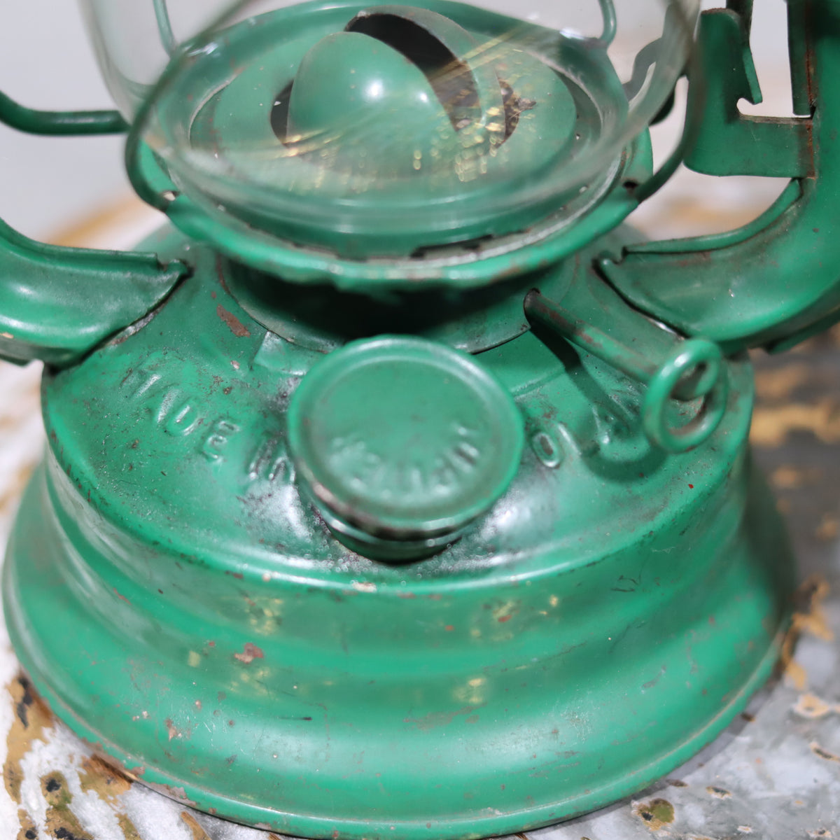 Rare Vintage Jupiter-1 Green Hurricane Lantern – With Unique Glass Holder & Original Sticker oil lamp detail close-up view