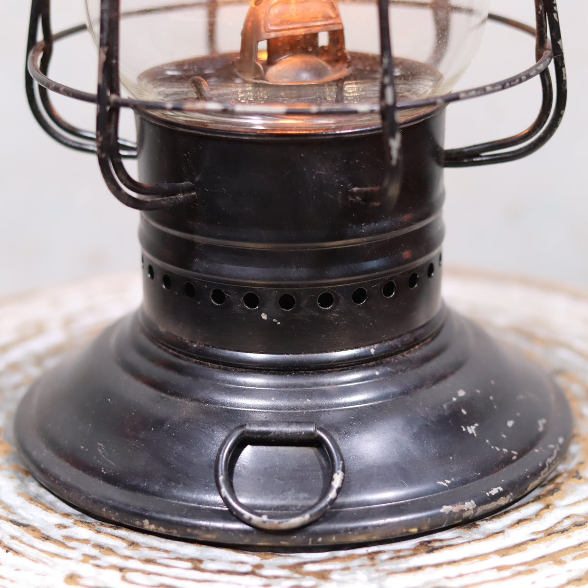 Vintage Keystone Ware Hurricane Lantern – Black Finish with Dietz Glass oil lamp base and protective metal frame detail