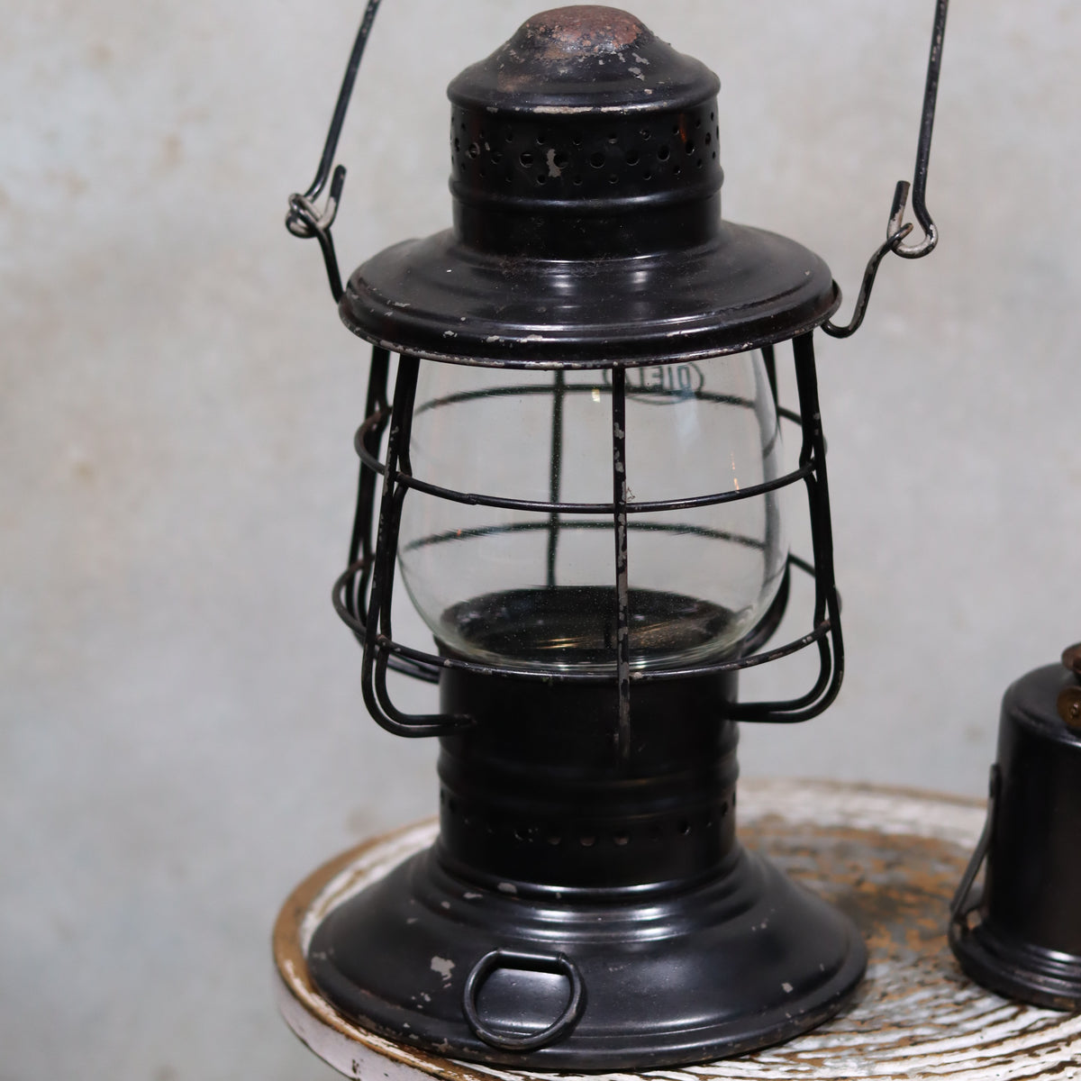 Vintage Keystone Ware Hurricane Lantern – Black Finish with Dietz Glass oil lamp showing vintage outdoor lighting charm