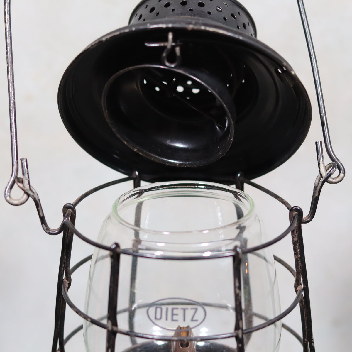 Vintage Keystone Ware Hurricane Lantern – Black Finish with Dietz Glass oil lamp close-up showing glass and metal details