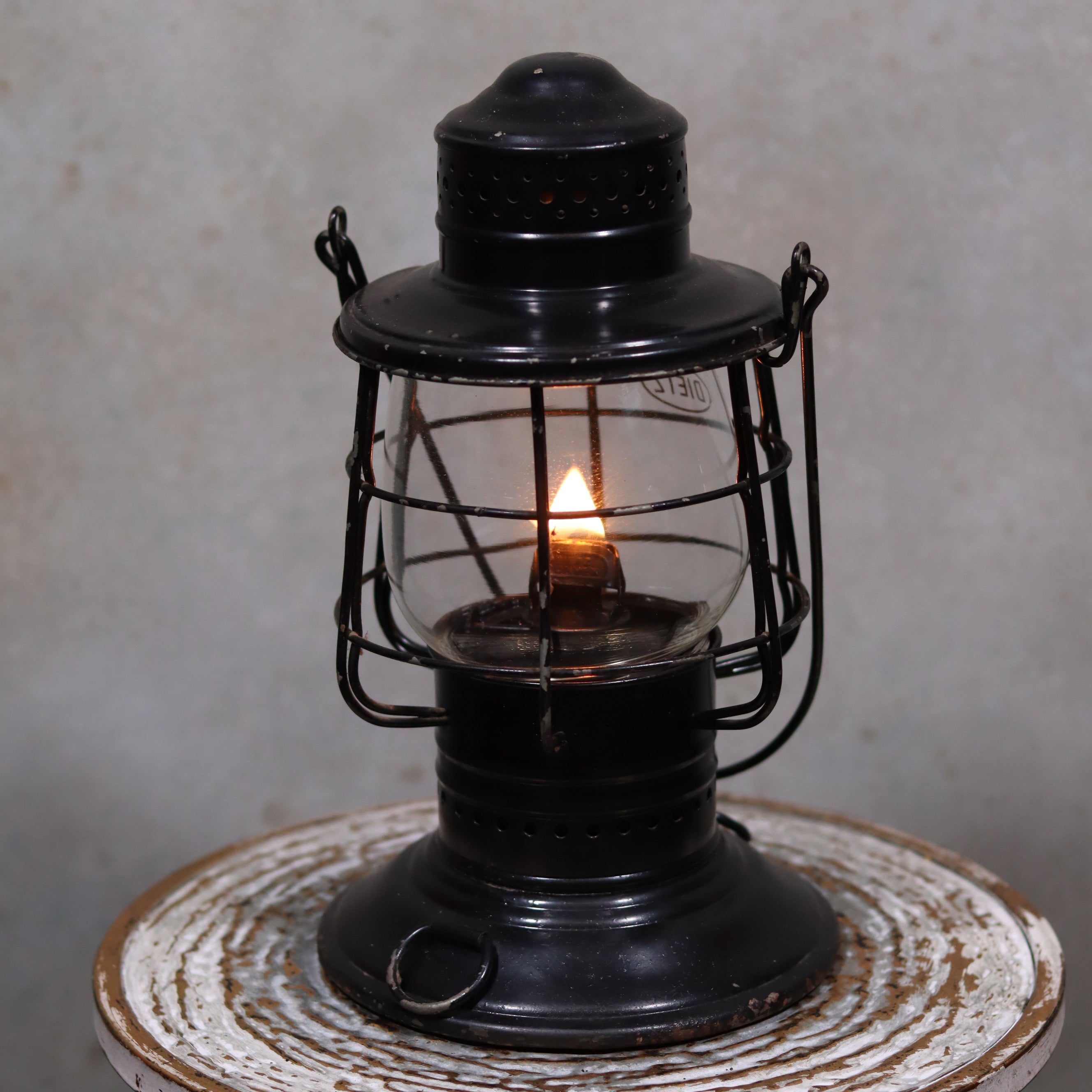 Vintage Keystone Ware Hurricane Lantern – Black Finish with Dietz Glass glowing oil lamp with protective metal cage design