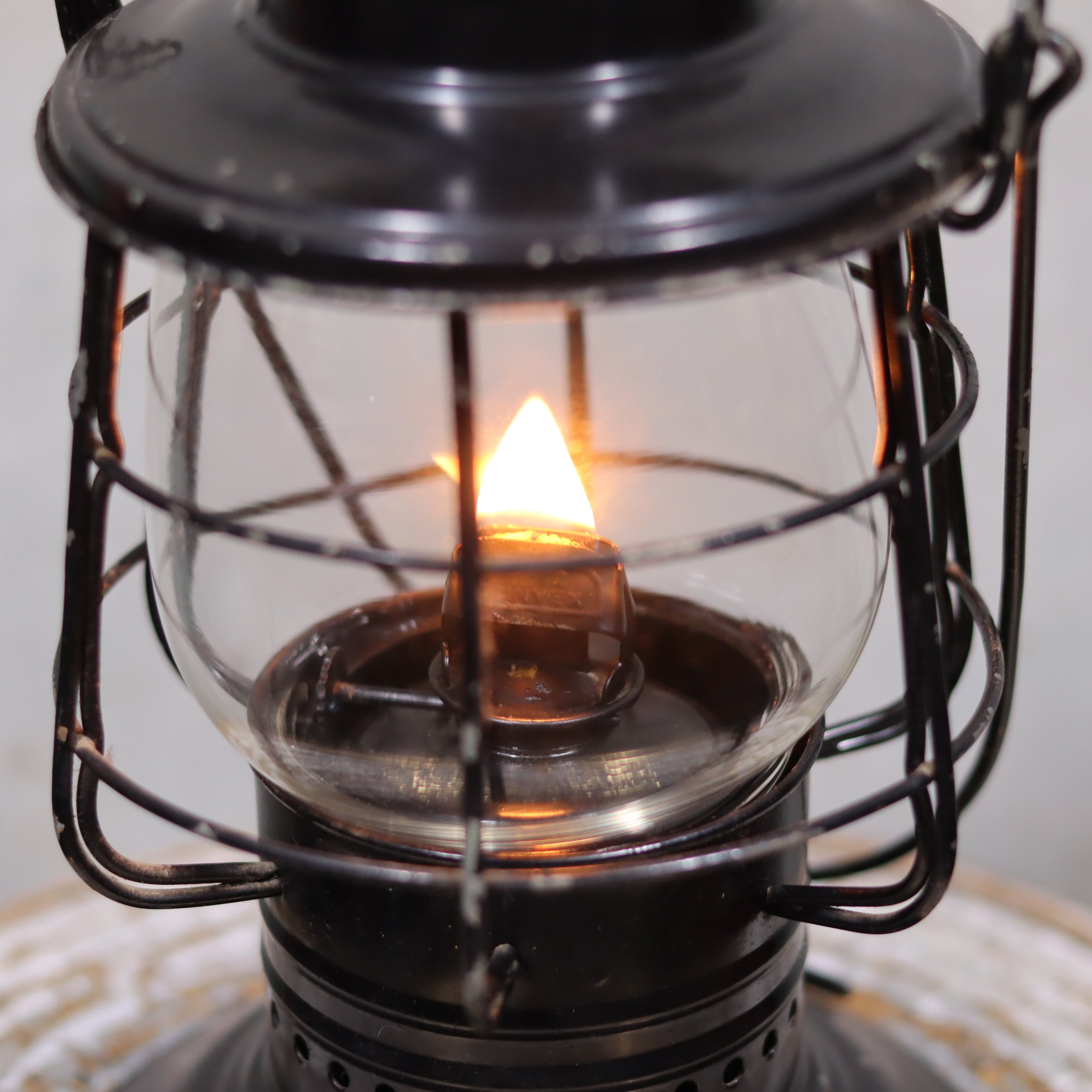 Vintage Keystone Ware Hurricane Lantern – Black Finish with Dietz Glass oil lamp glowing with vintage charm