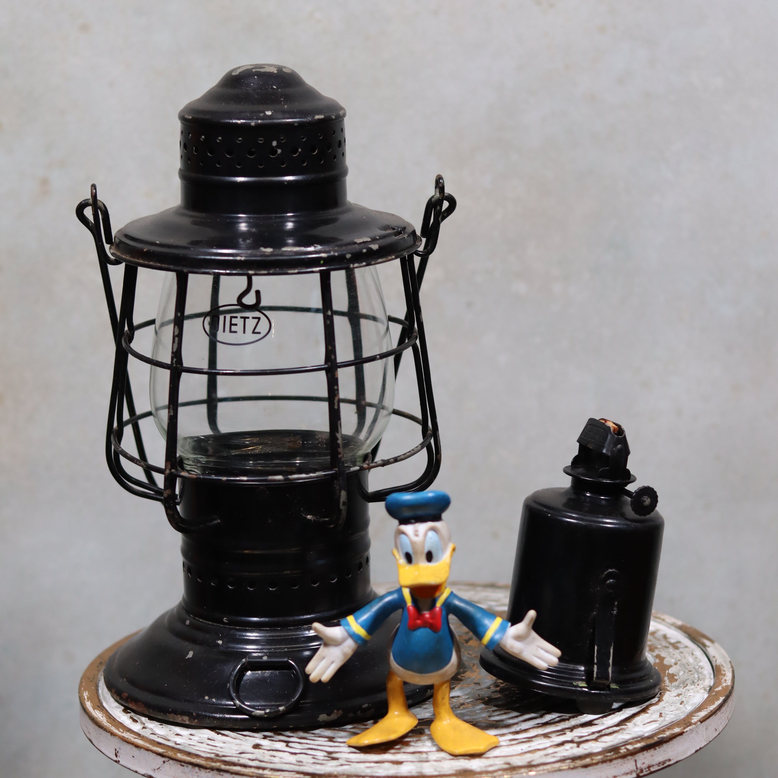 Vintage Keystone Ware Hurricane Lantern – Black Finish with Dietz Glass oil lamp showing authentic antique design details