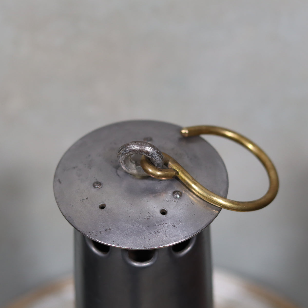 Rare New Old Stock Mining Lamp – Hubert Joris (Circa 1900–1910) showing metal top and brass ring detail of oil lamp