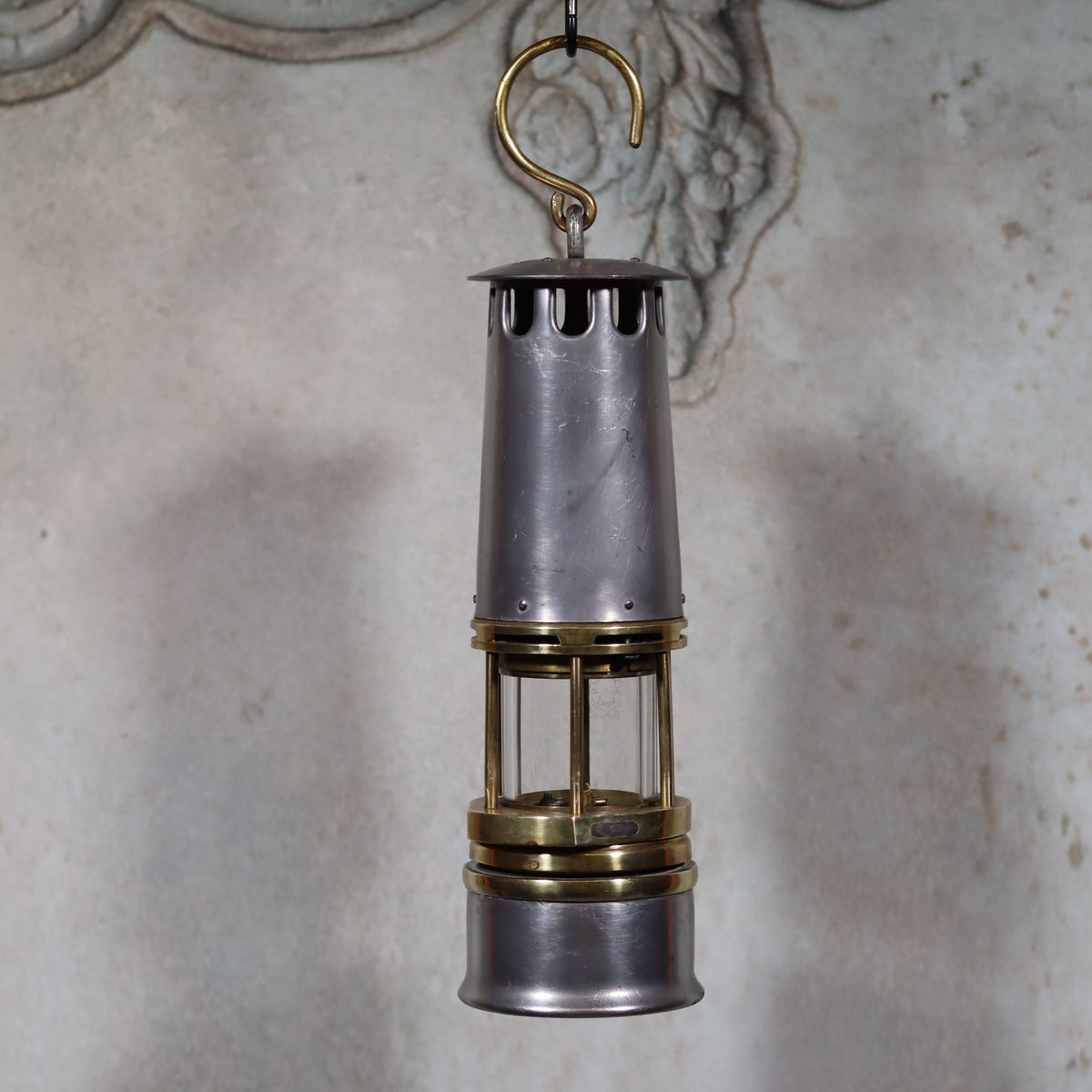 Rare New Old Stock Mining Lamp – Hubert Joris (Circa 1900–1910) vintage oil lamp with brass and metal design hanging view
