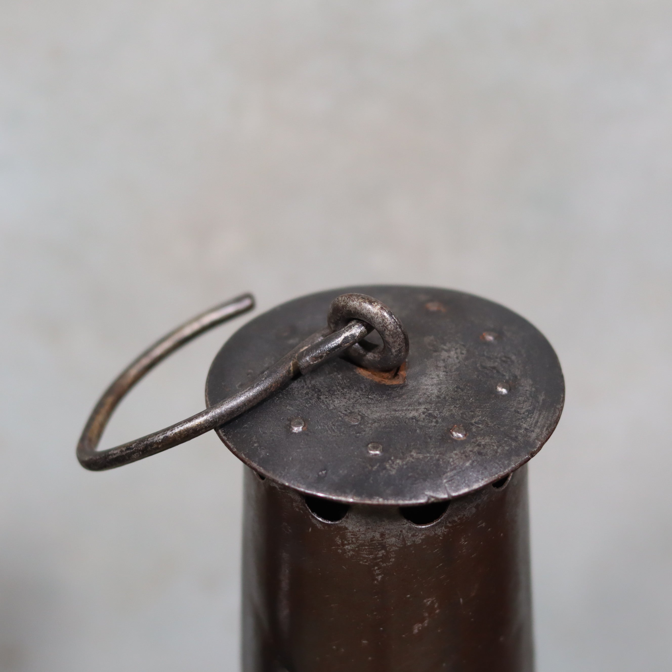 Close-up of the oil lamp top on the Antique Mining Lamp – Hubert Joris – Circa 1900–1910 – Belgian Master Miner’s Lamp
