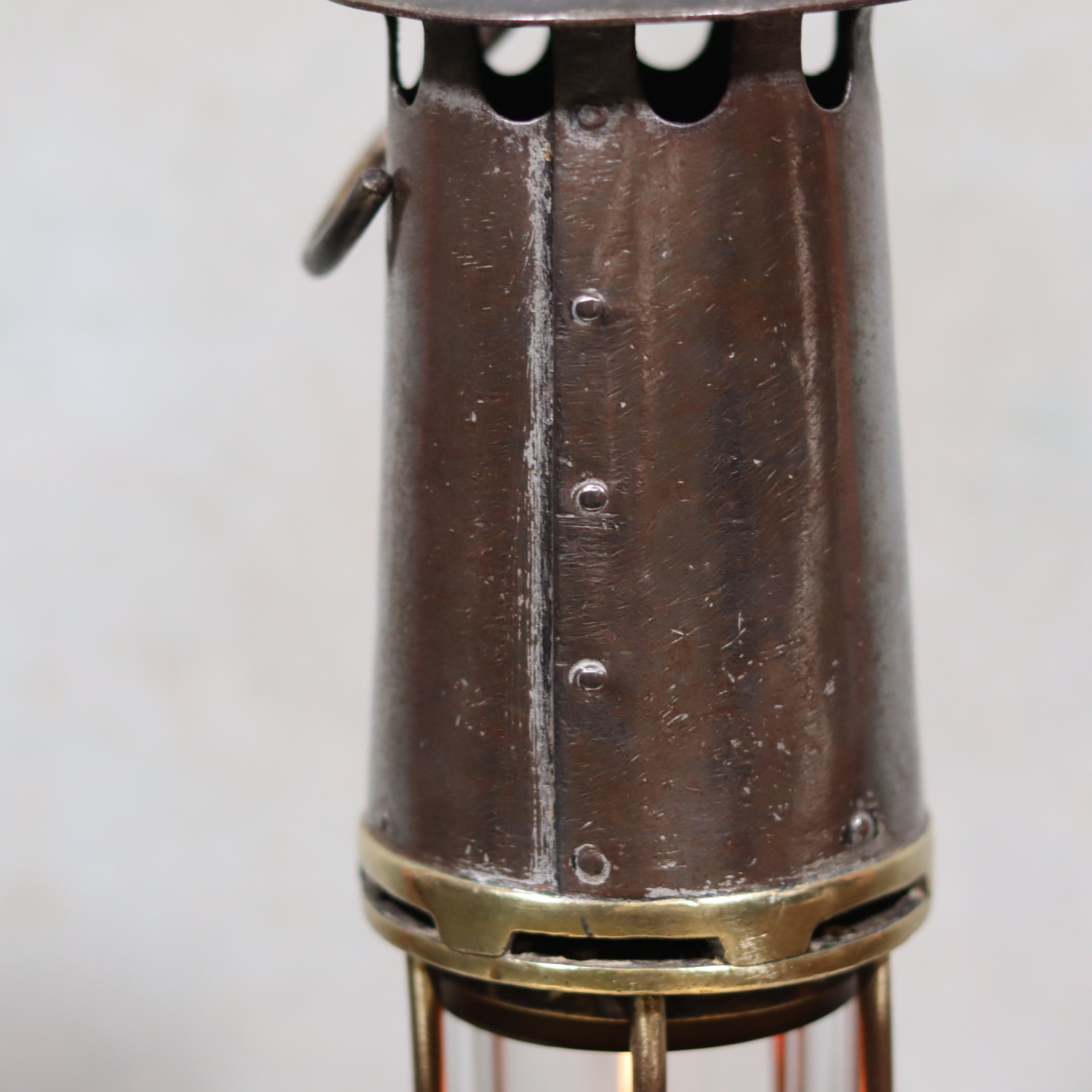 Antique Mining Lamp – Hubert Joris – Circa 1900–1910 – Belgian Master Miner’s Lamp close-up of metal oil lamp detail