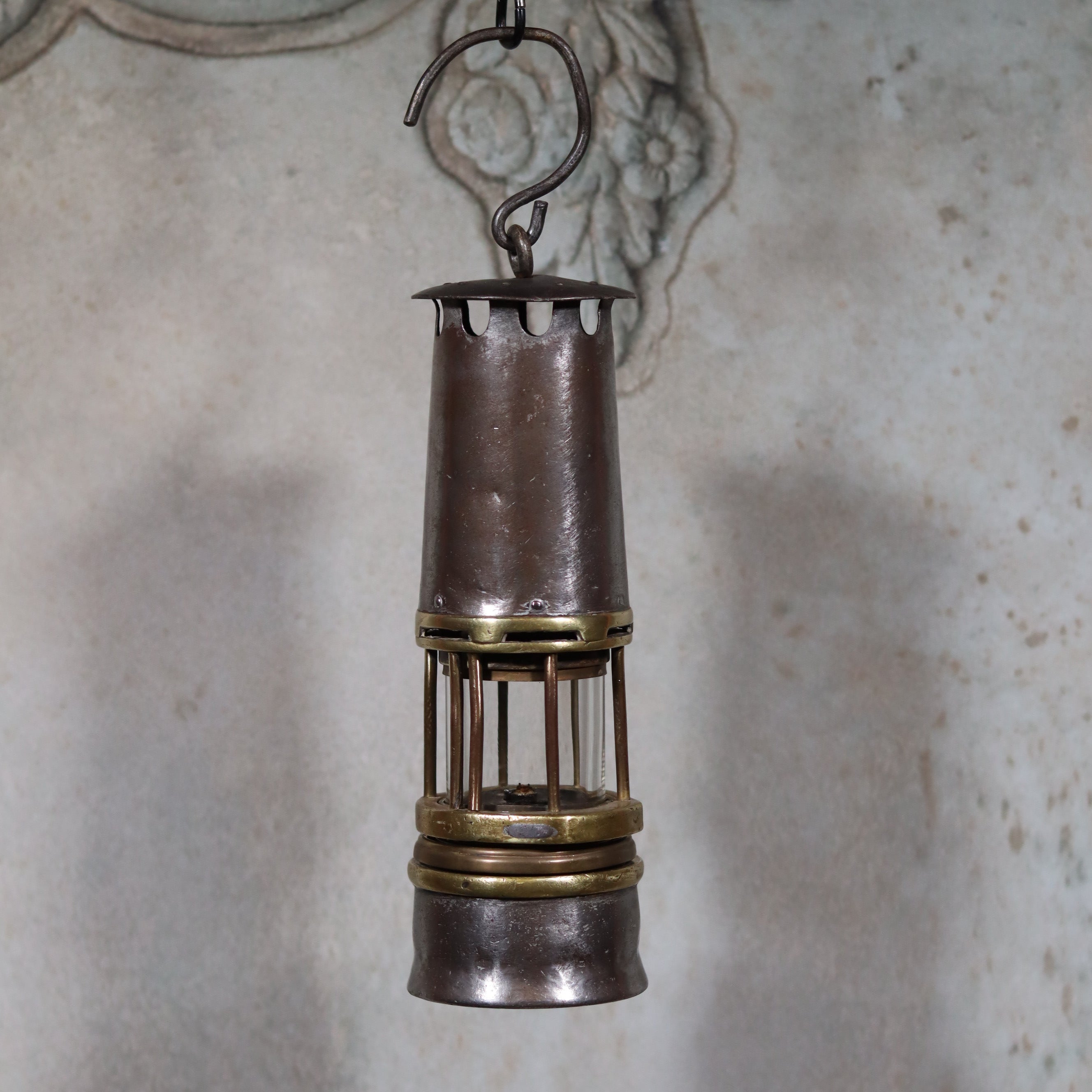 Antique Mining Lamp – Hubert Joris – Circa 1900–1910 – Belgian Master Miner’s Lamp hanging oil lamp with metal and brass details