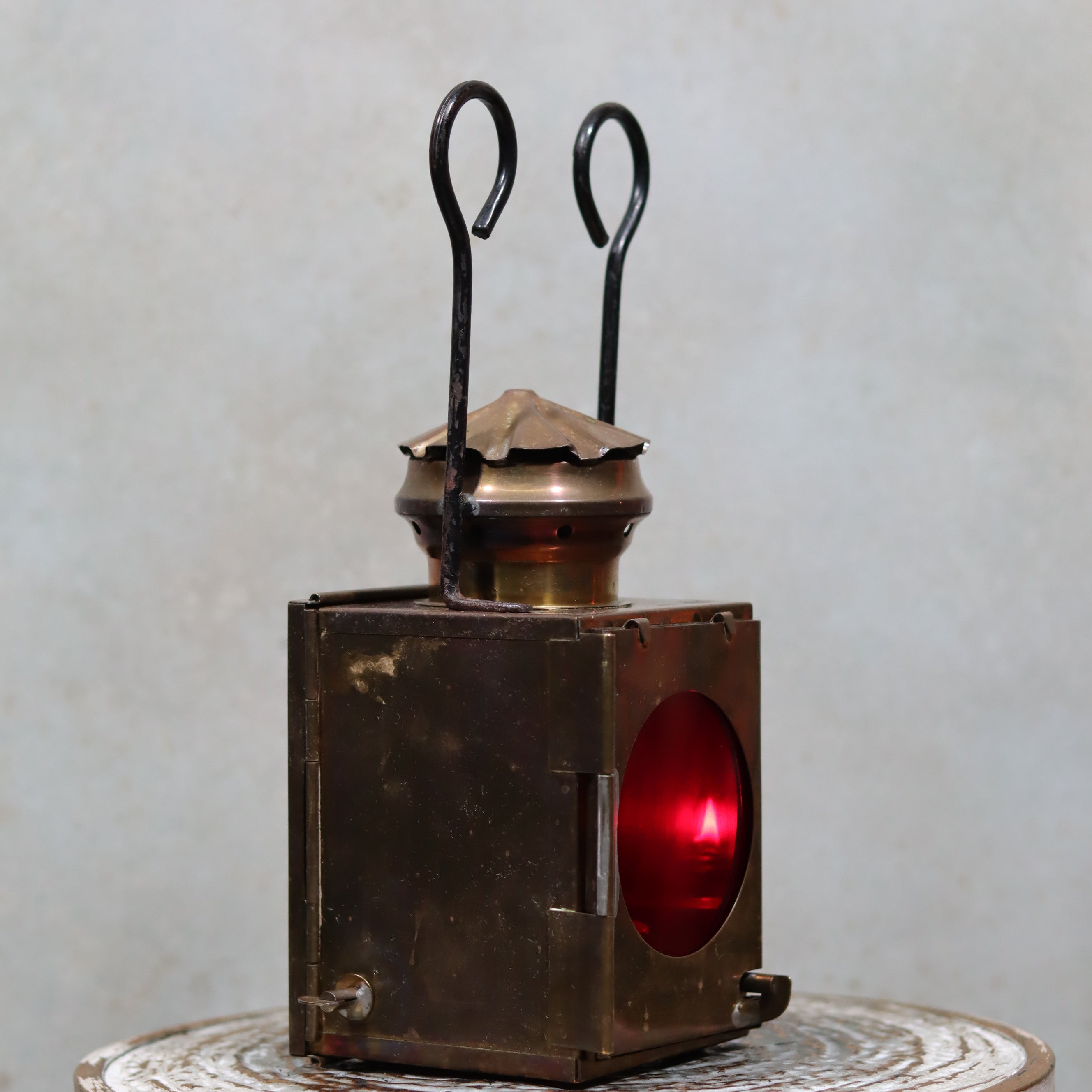 Rare Antique Train Signal Lamp – J.J. van Dijk Utrecht, Copper & Brass oil lamp with red lens, complete and functional vintage signal light