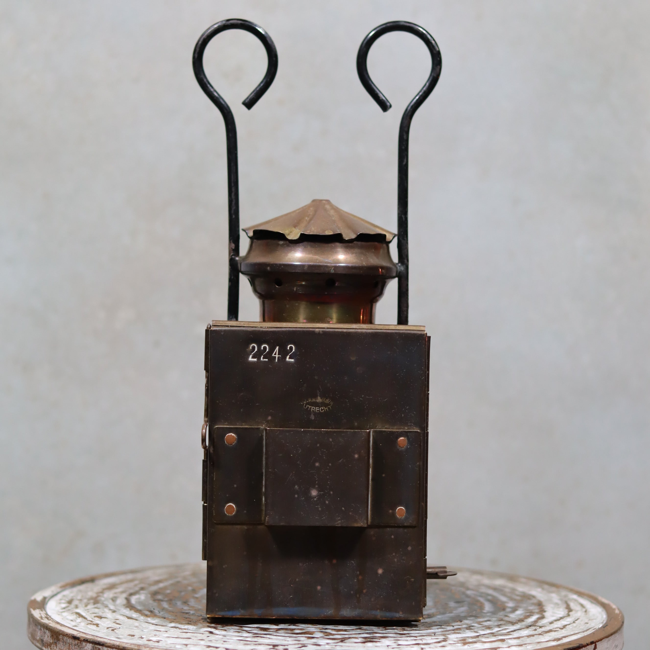 Rare Antique Train Signal Lamp – J.J. van Dijk Utrecht copper and brass oil lamp in complete and functional condition