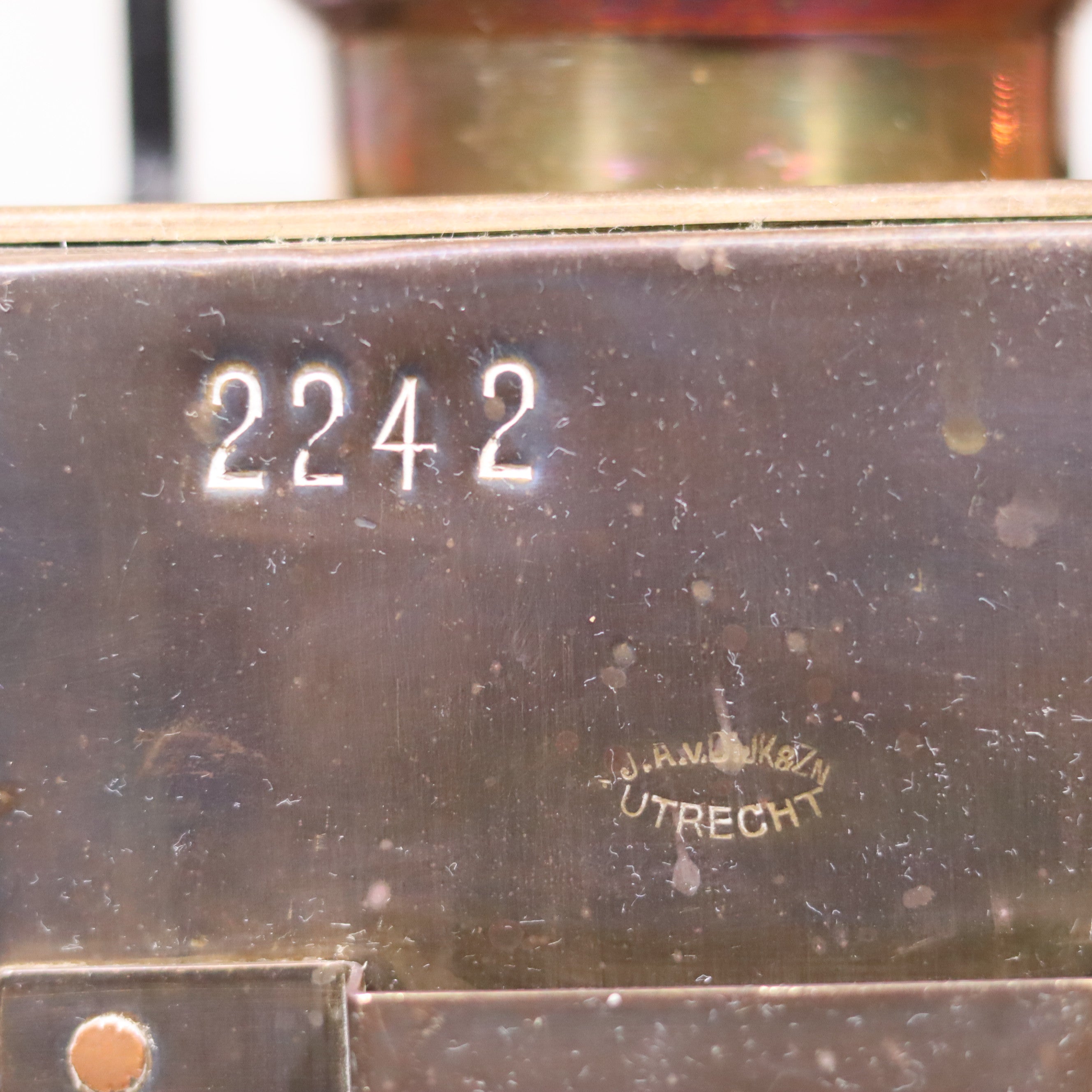 Rare Antique Train Signal Lamp – J.J. van Dijk Utrecht, Copper & Brass oil lamp with embossed serial number 2242 and brand marking