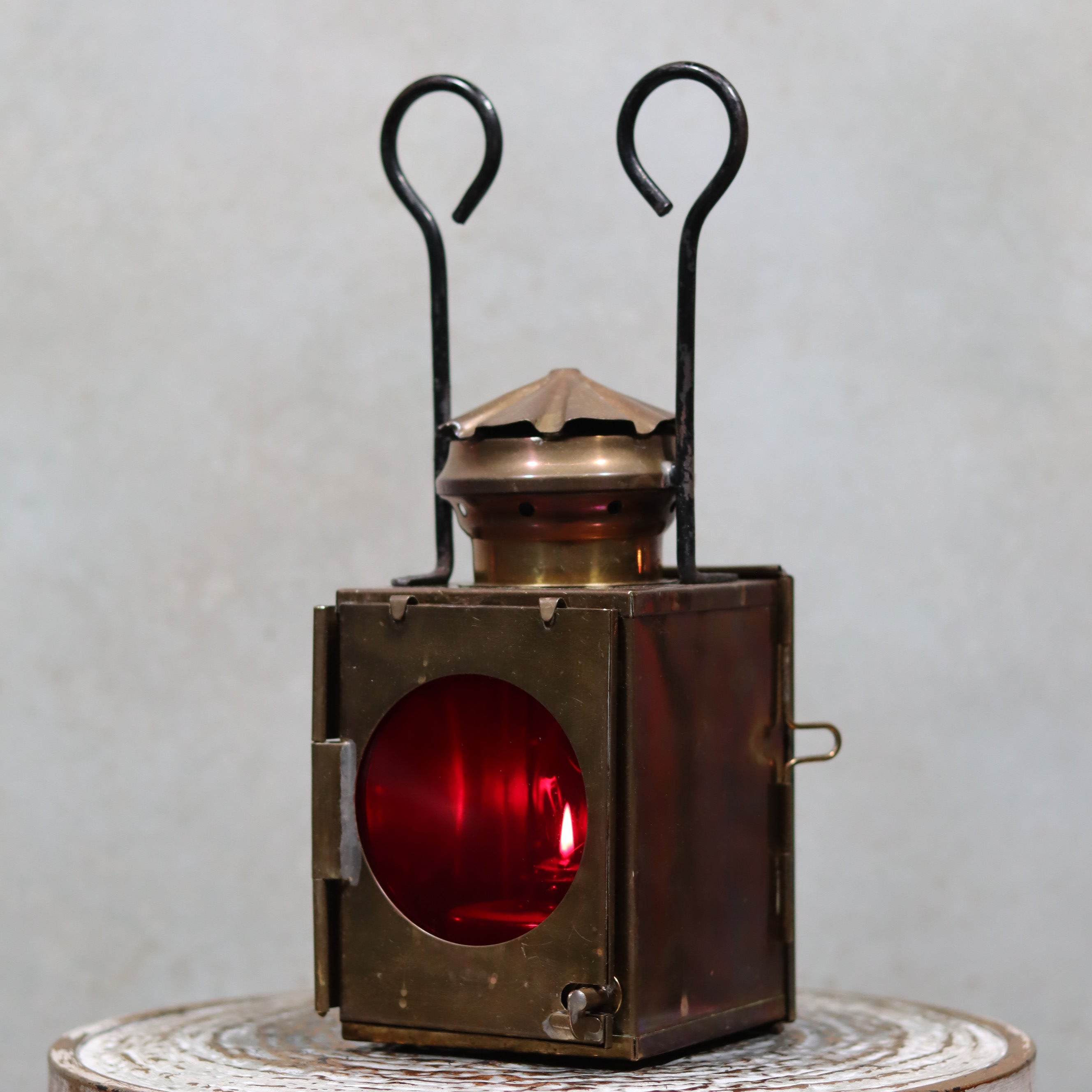 Rare Antique Train Signal Lamp – J.J. van Dijk Utrecht, Copper and Brass oil lamp with red glass, complete and functional.