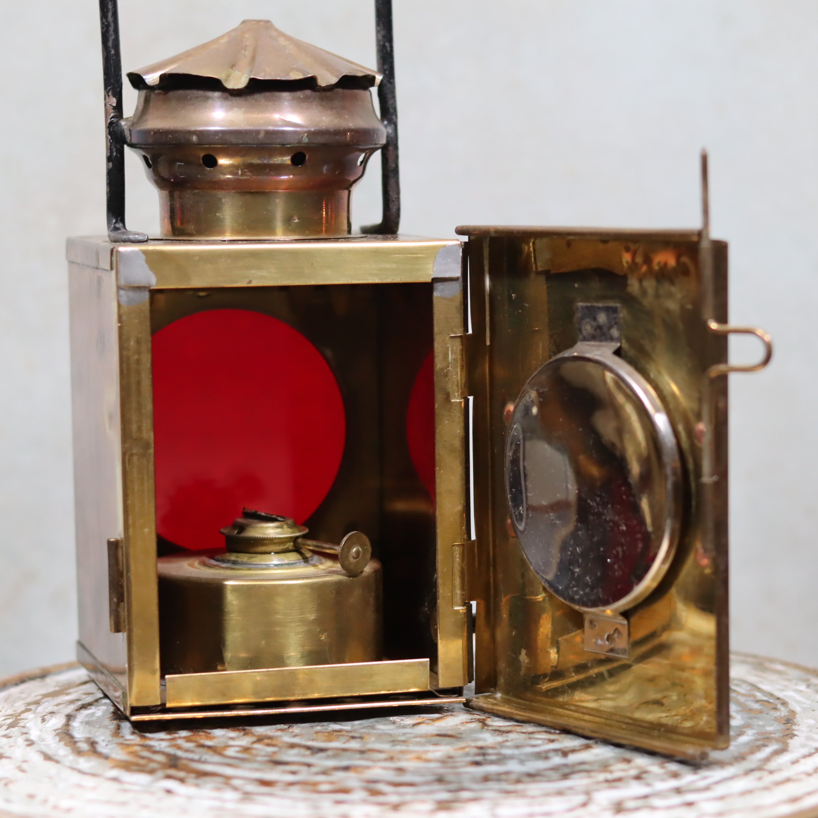Rare Antique Train Signal Lamp – J.J. van Dijk Utrecht, Copper & Brass oil lamp with open door showing functional interior components