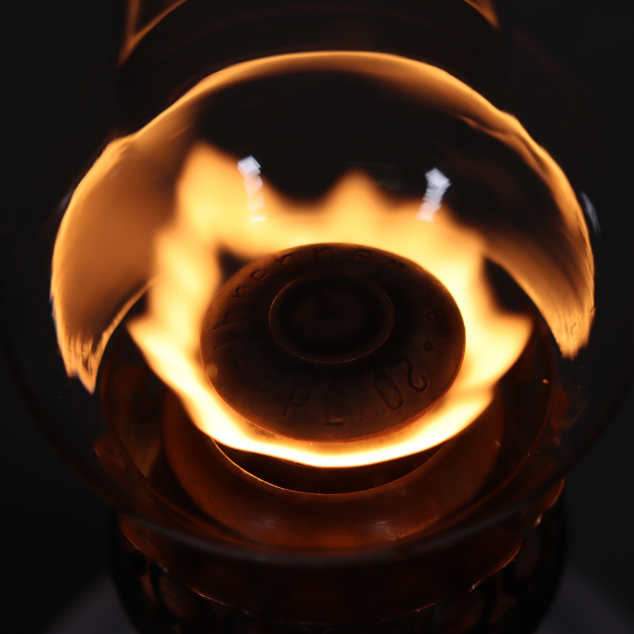 Vintage XXL Oil Lamp with BJB Matador Burner – Bronze Base with Cherub Design lit flame close-up detail
