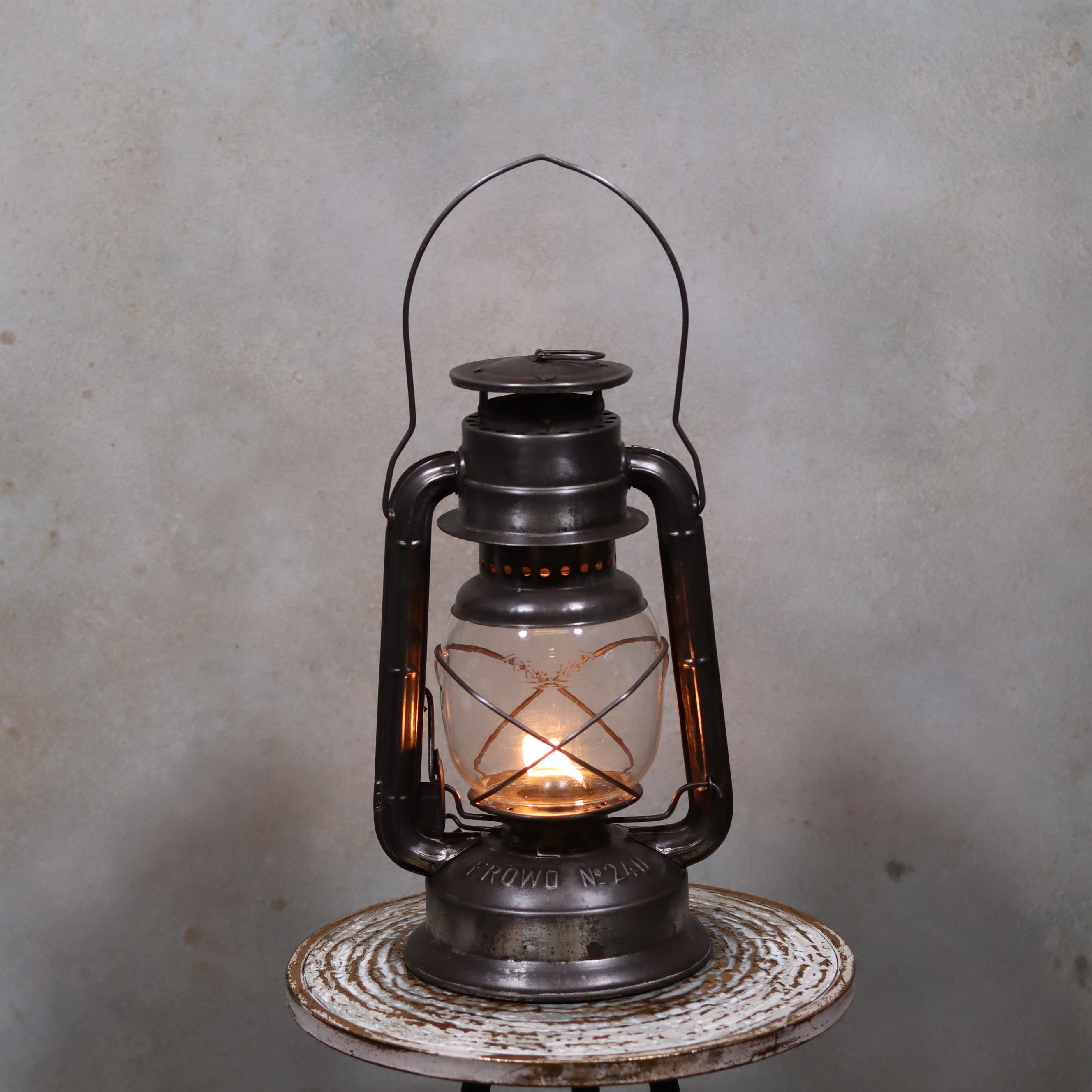 Large Vintage German Hurricane Lantern – Frowo 240 with Original Marked Glass (1960s)