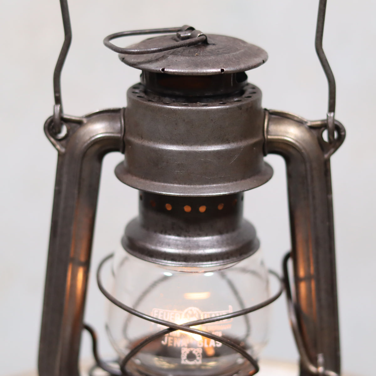 Vintage Feuerhand 176 Storm Lantern – Post-WWII Model, 1950s, Excellent Condition oil lamp with metal frame and glass chimney close-up