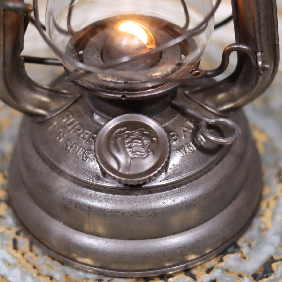 Close-up of the oil lamp detail on the Vintage Feuerhand 176 Storm Lantern – Post-WWII Model, 1950s, Excellent Condition.