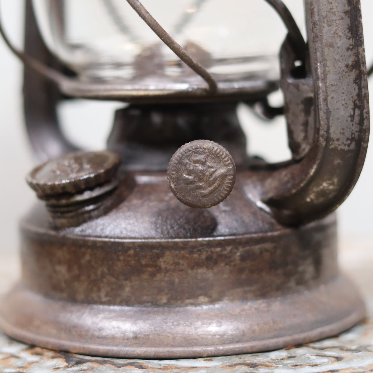 Close-up of Rare Pre-War Storm Lantern – Feuerhand 275 Superflam, 1930s oil lamp with original glass and German marking
