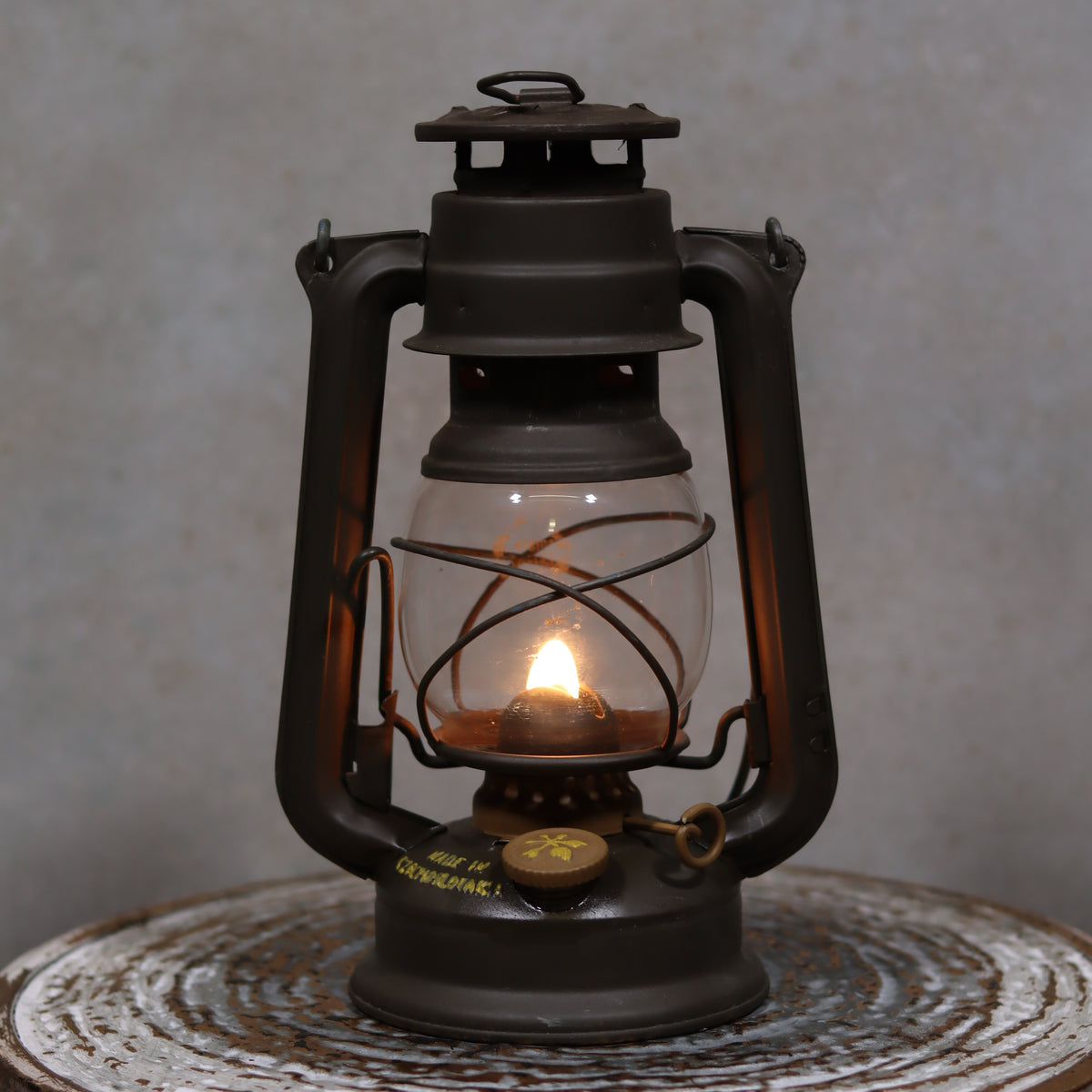 Vintage Czech Storm Lantern – Meva 863 – Made in Czechoslovakia – 1982 – Beautiful Painted Finish oil lamp lit and displayed