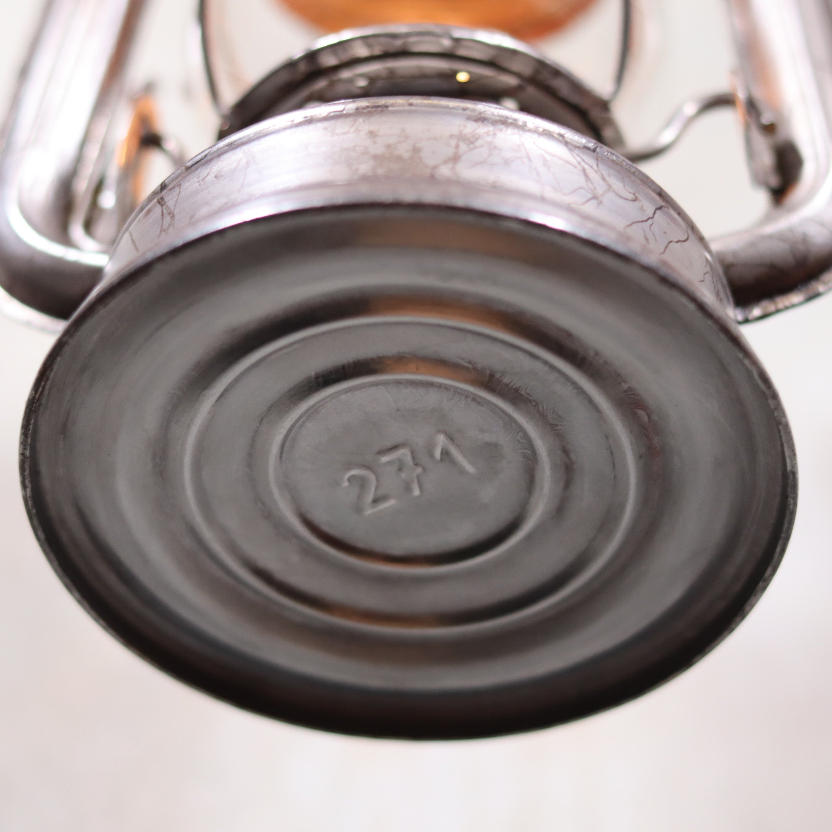 Bottom view of Vintage Czech Storm Lantern – Meva 863 – Made in Czechoslovakia – 1971 – Original Glass showing embossed details