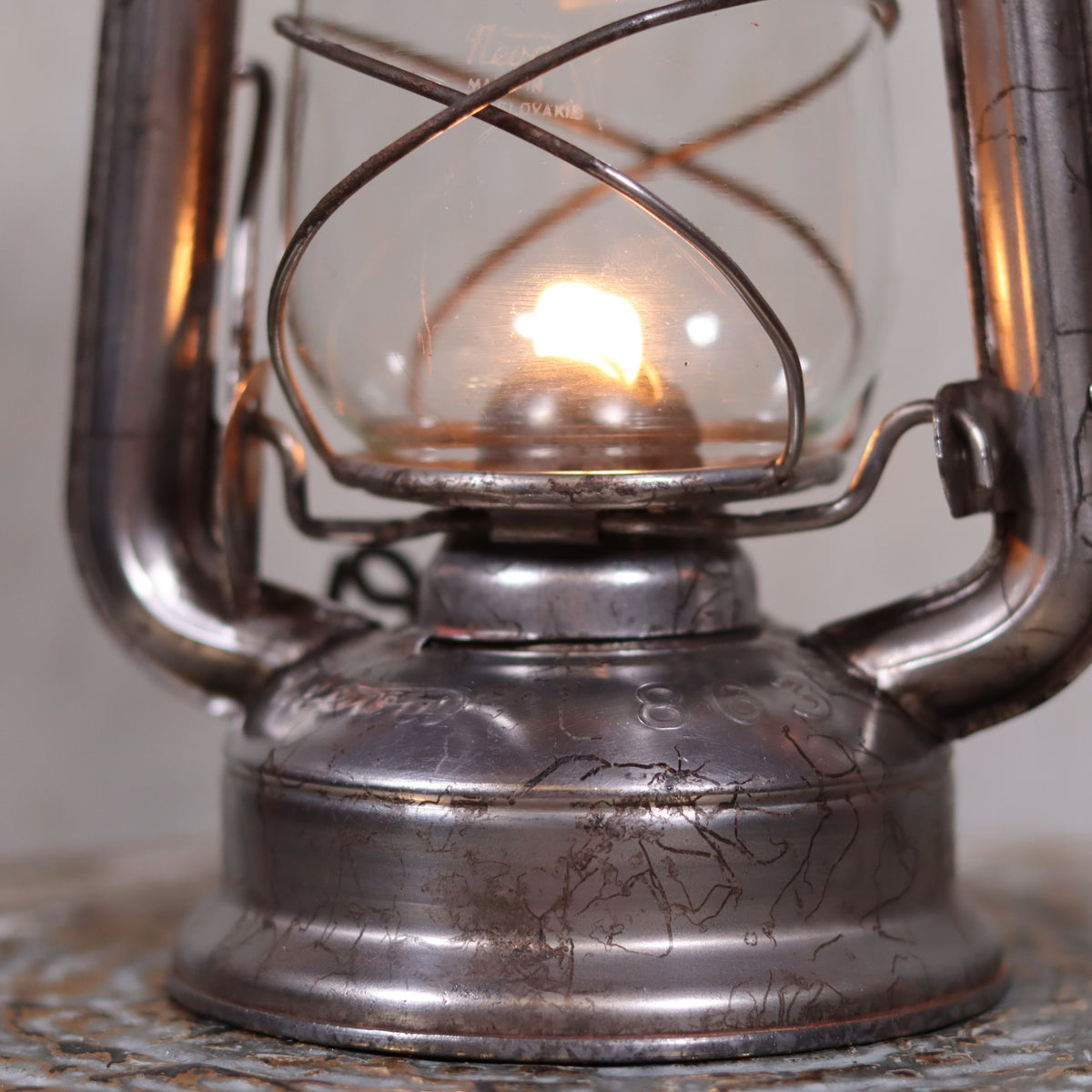 Vintage Czech Storm Lantern – Meva 863 – Made in Czechoslovakia – 1971 – Original Glass oil lamp close-up flame detail