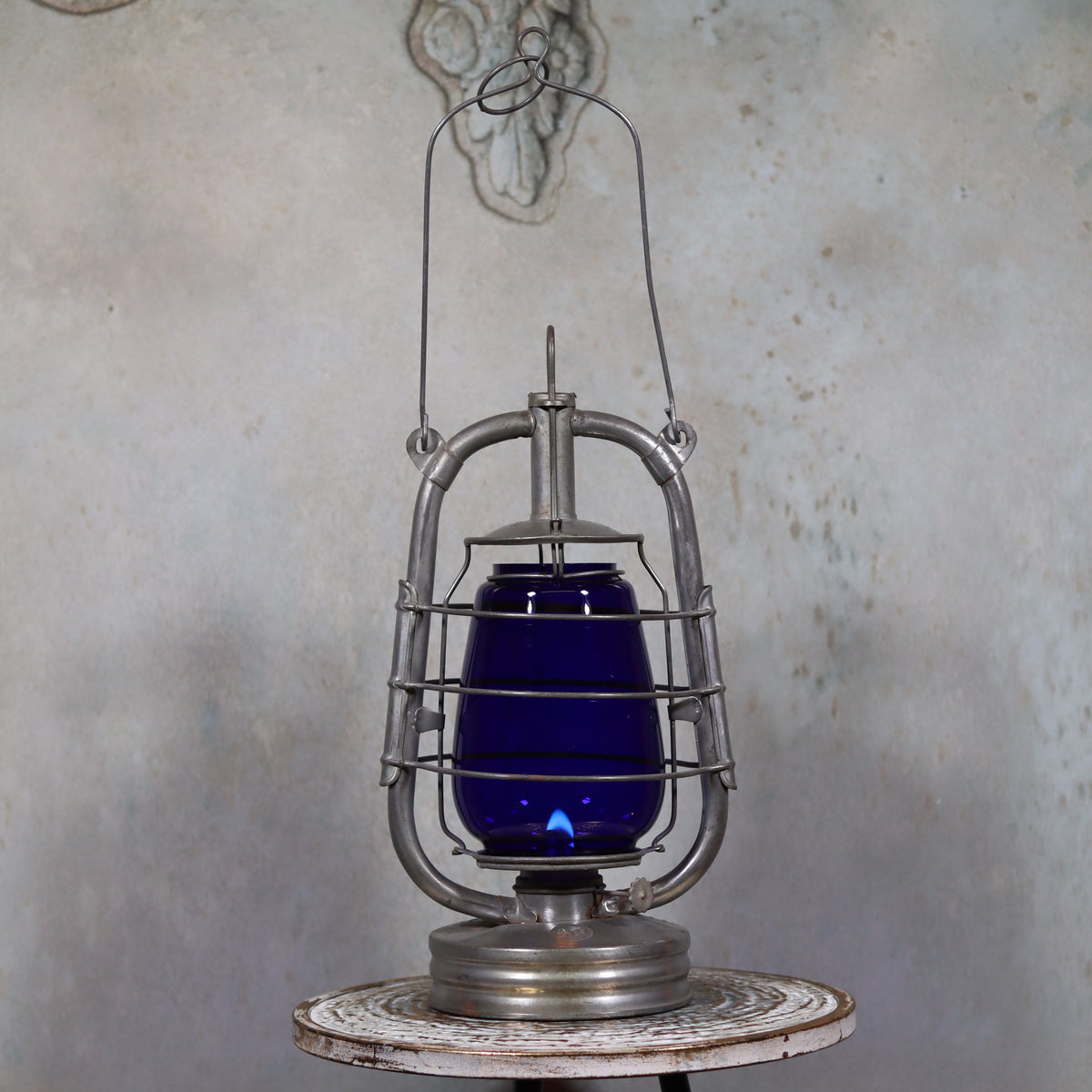 Rare Vintage ALG No. 2 French Storm Lantern – 1960s/70s – Blue Glass & Unique Handle oil lamp displayed lit