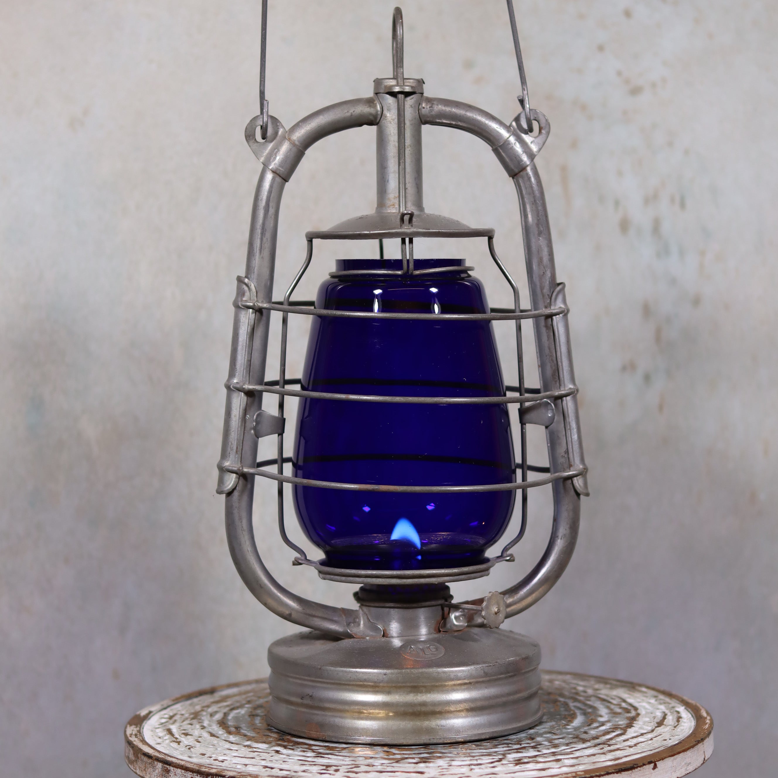 Rare Vintage ALG No. 2 French Storm Lantern – 1960s/70s – Blue Glass oil lamp with unique metal handle and flame lit inside