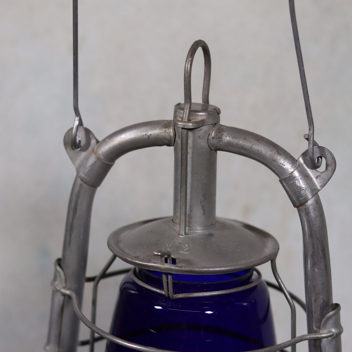 Rare Vintage ALG No. 2 French Storm Lantern – 1960s/70s – Blue Glass & Unique Handle oil lamp detail close-up