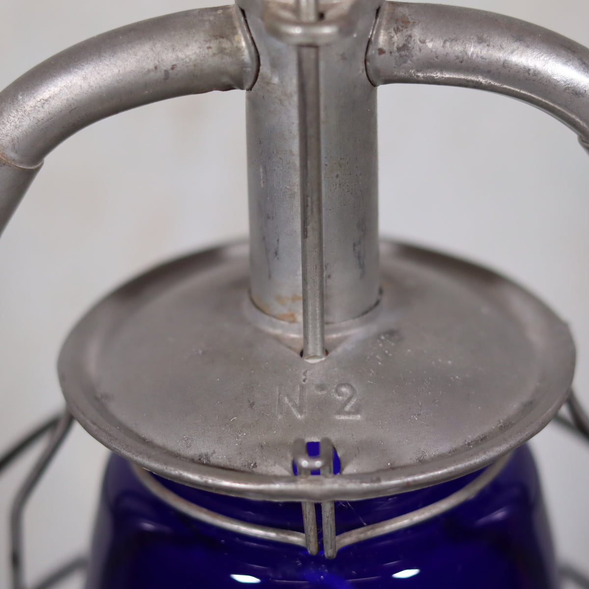 Rare Vintage ALG No. 2 French Storm Lantern – 1960s/70s – Blue Glass & Unique Handle close-up detail of metal top and handle