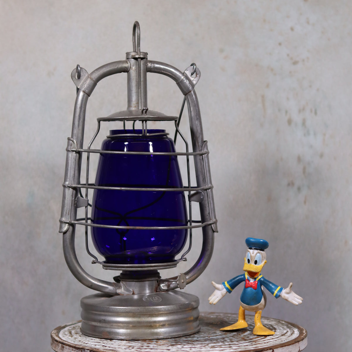 Rare Vintage ALG No. 2 French Storm Lantern – 1960s/70s blue glass oil lamp with unique handle and metal frame