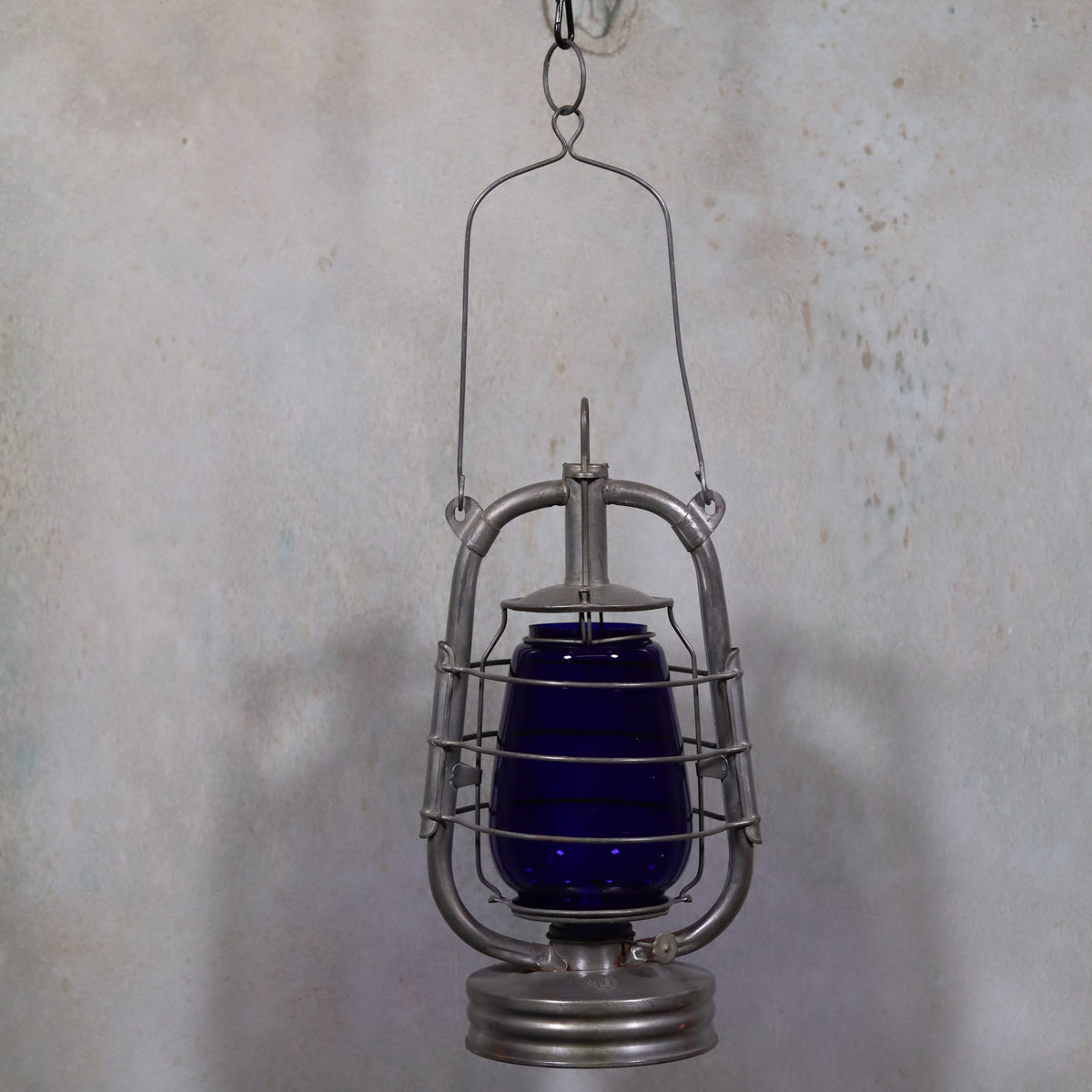Rare Vintage ALG No. 2 French Storm Lantern – 1960s/70s oil lamp with blue glass and unique metal handle design
